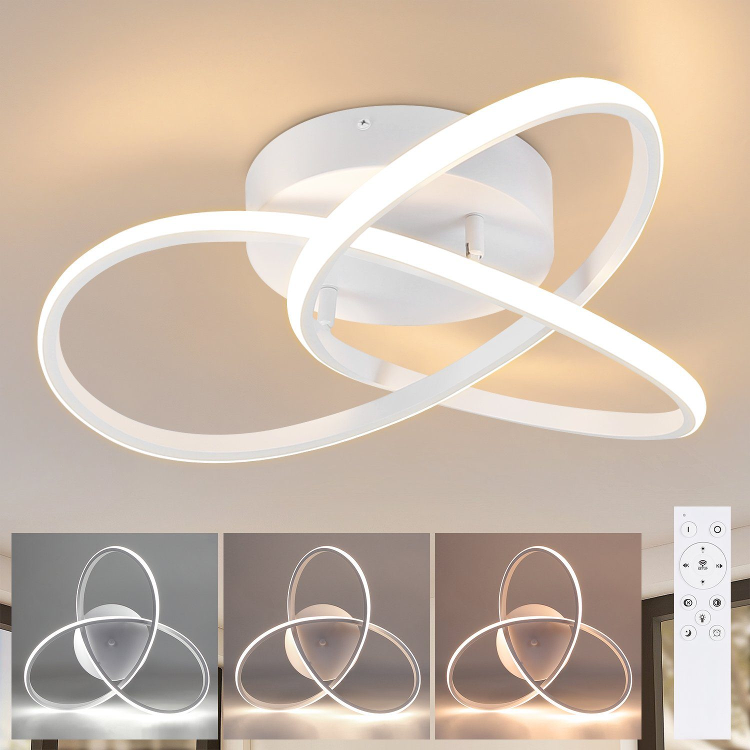 Una lámpara de techo con tres bucles blancos interconectados y control remoto.