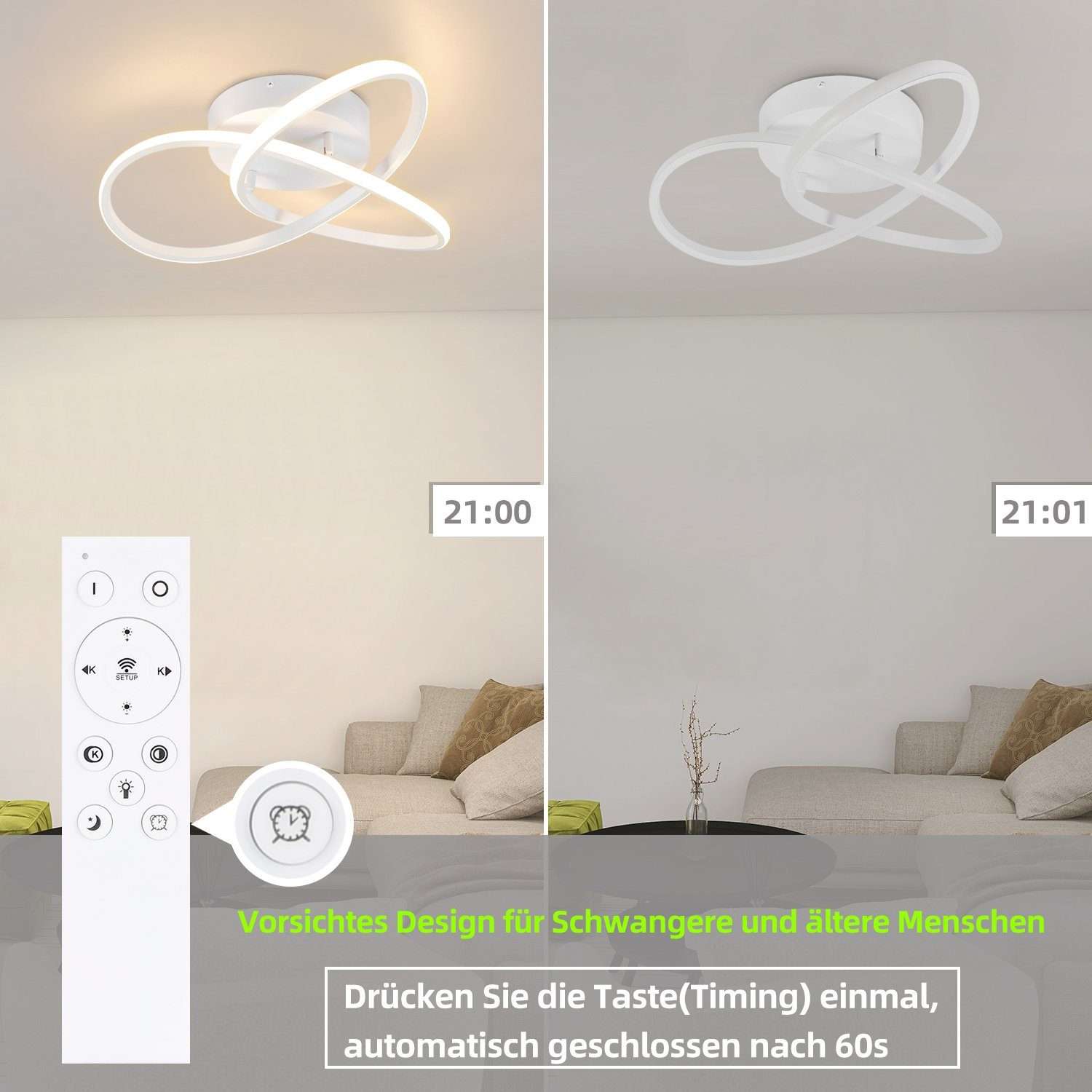 Dos imágenes de una lámpara de techo. Una es luz cálida y otra es luz fría. Mando a distancia blanco.