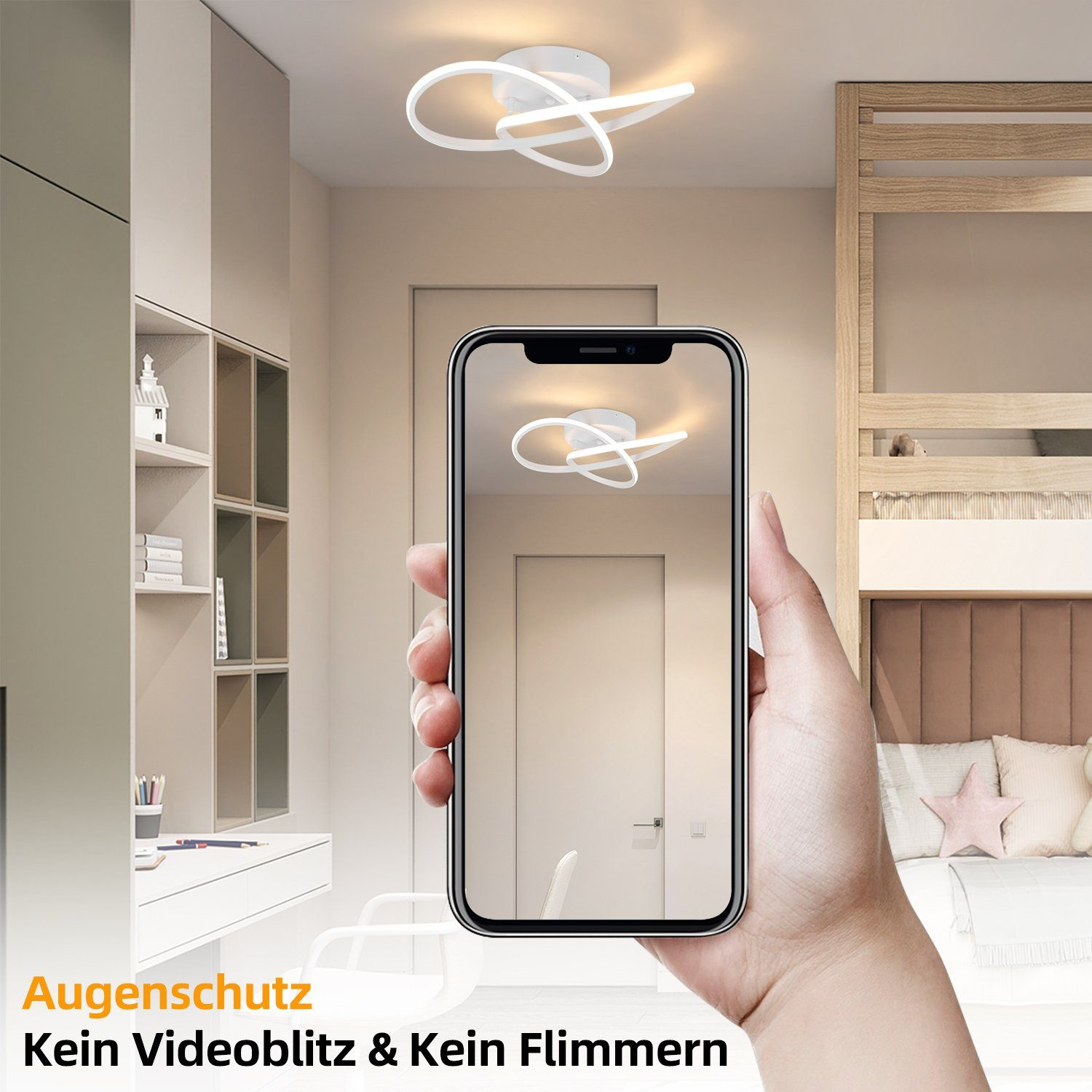 Una persona sostiene un teléfono que muestra una luz inteligente. La luz es blanca, con un diseño de remolino único.