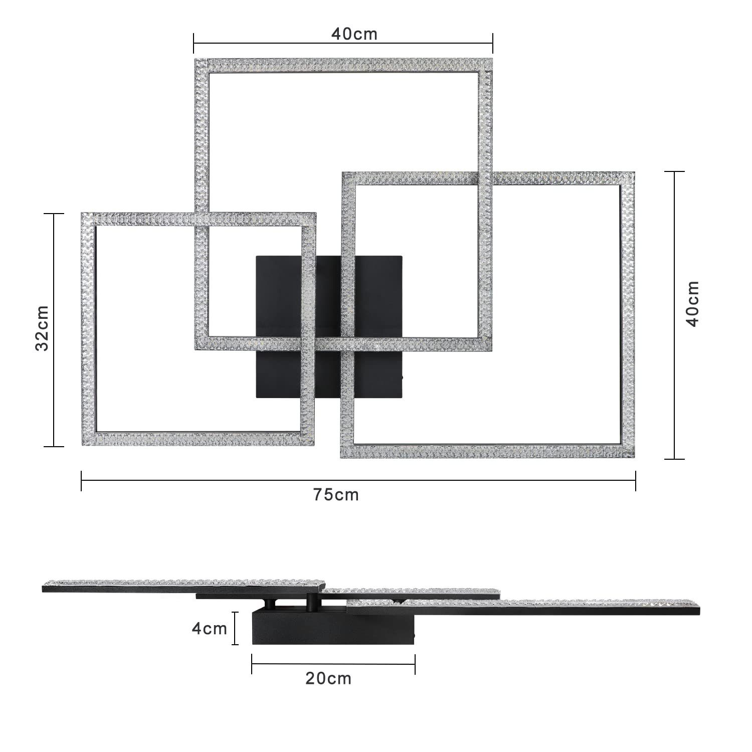 Una moderna lámpara de techo LED con formas cuadradas y dimensiones.