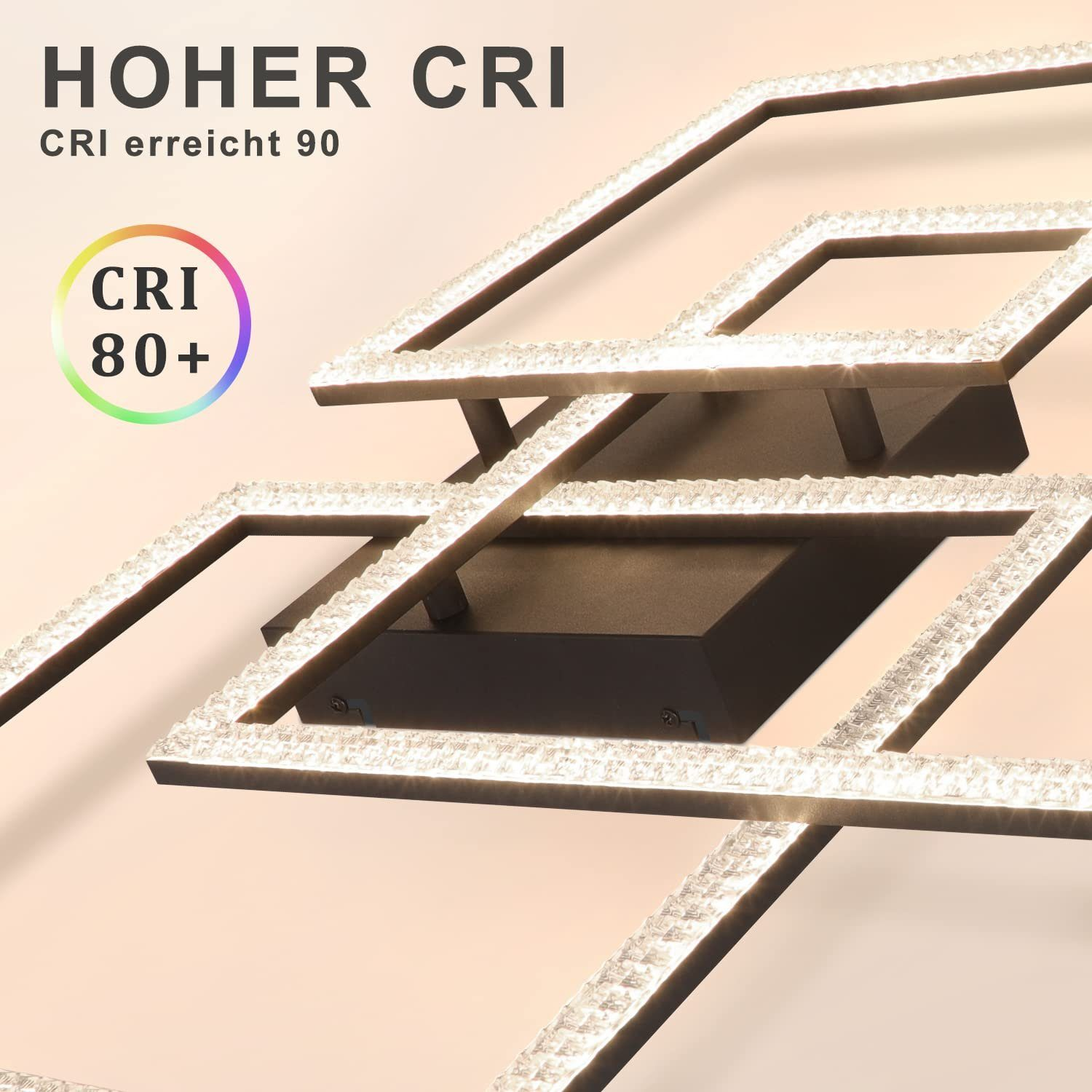 Primer plano de una lámpara de techo con diseño geométrico, que muestra un alto índice de reproducción cromática.