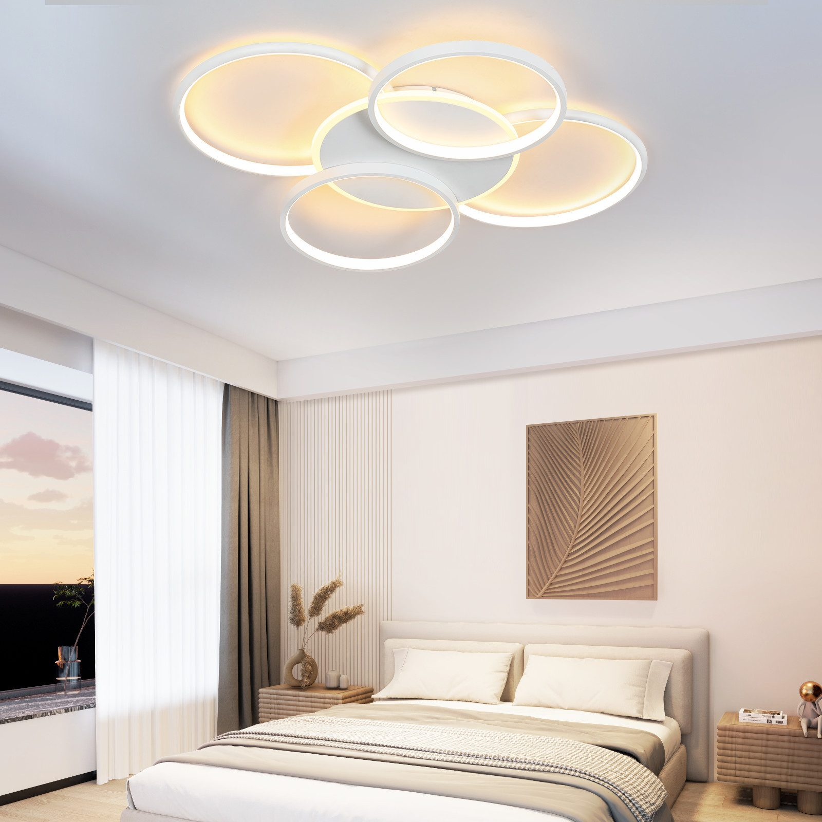 Dormitorio moderno con una lámpara de techo blanca, una cama y un armario de madera. El fondo es una pared blanca.
