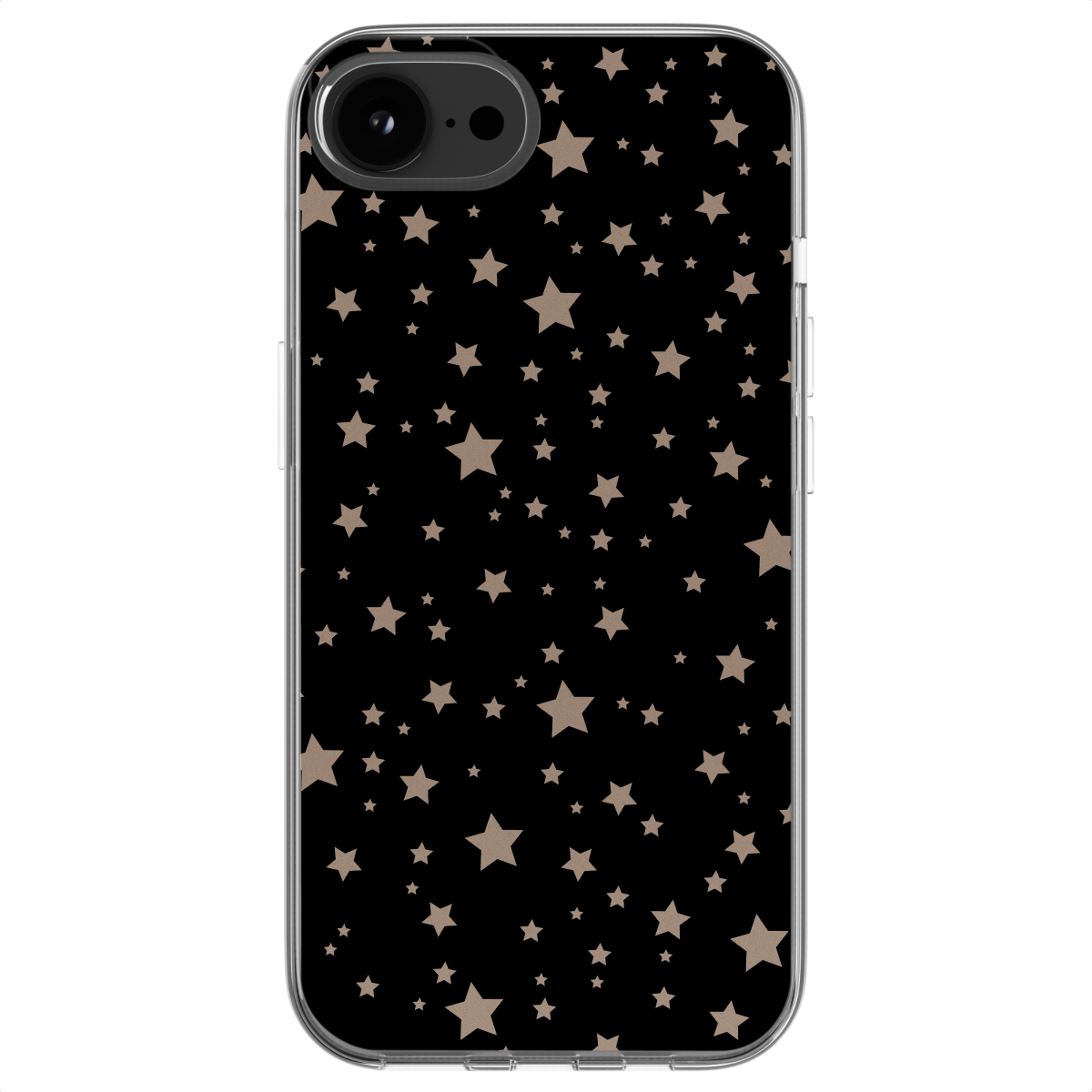 Eine Handyhülle mit schwarzem Hintergrund und braunen Sternen auf Weiß. Das Telefon hat eine Kamera.