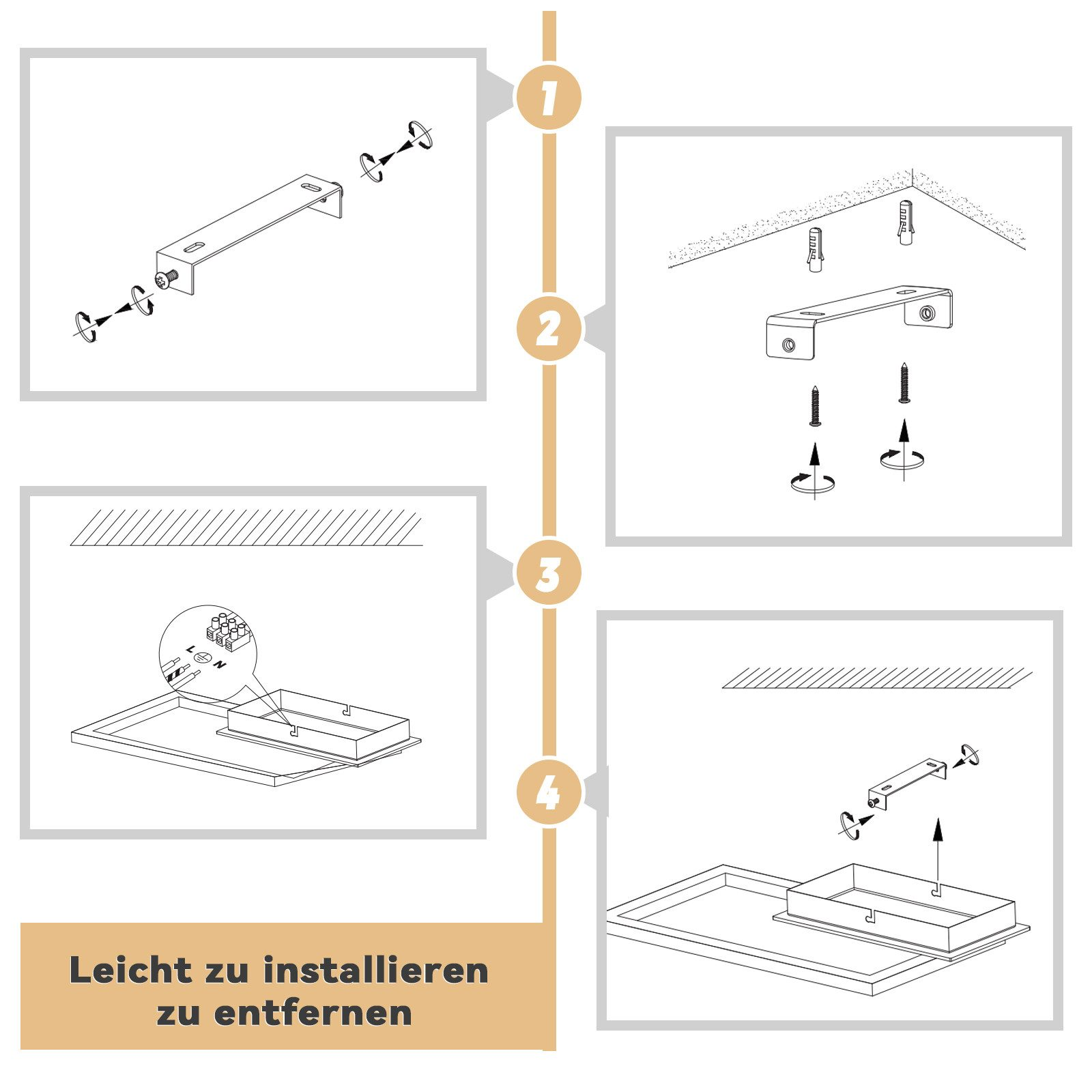 Schemat kroków instalacji dla oprawy oświetleniowej sufitowej.