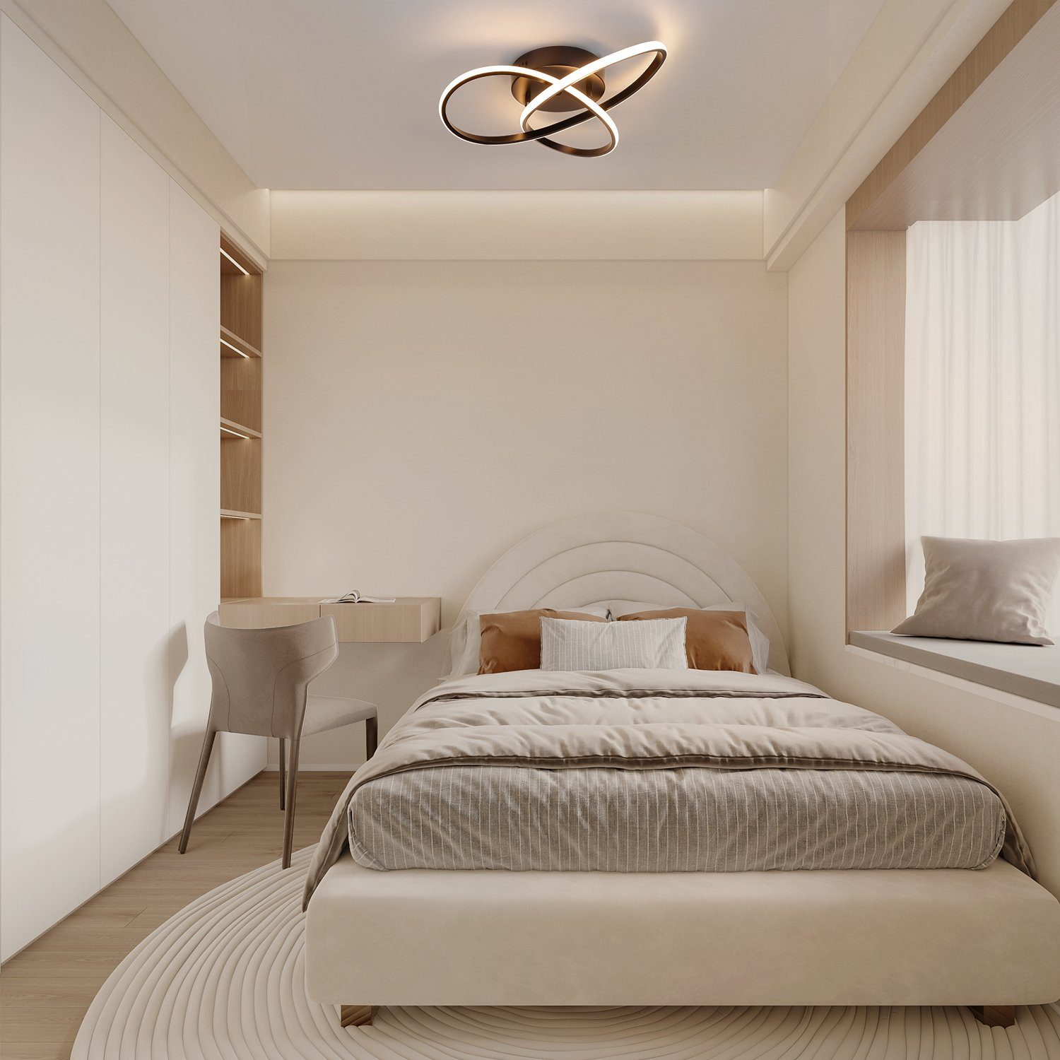 Un dormitorio pequeño con una cama, un escritorio y una lámpara de techo moderna.