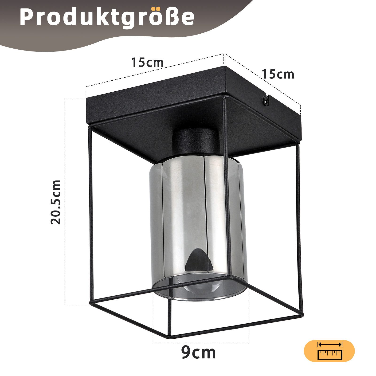 Lampada nera con dimensioni in cm. Ha un vetro argentato all'interno e si trova su uno sfondo bianco.