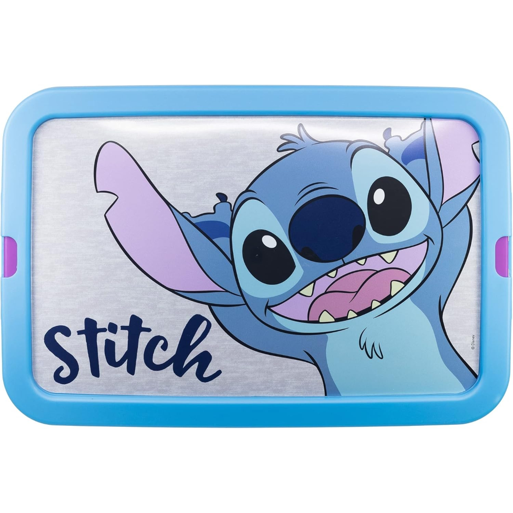Stitch-Figur auf blauem Rahmen. Das Wort "Stitch" steht darunter.