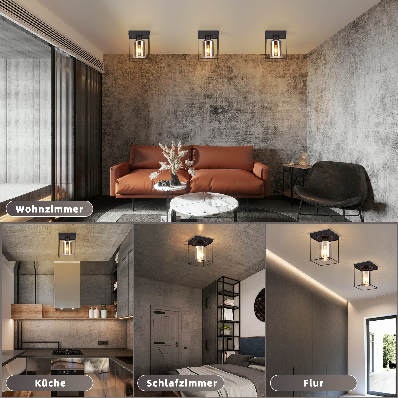 Tre immagini di stanze con lampade a soffitto nere in stile gabbia. Sono mostrati cucina, camera da letto e corridoio.