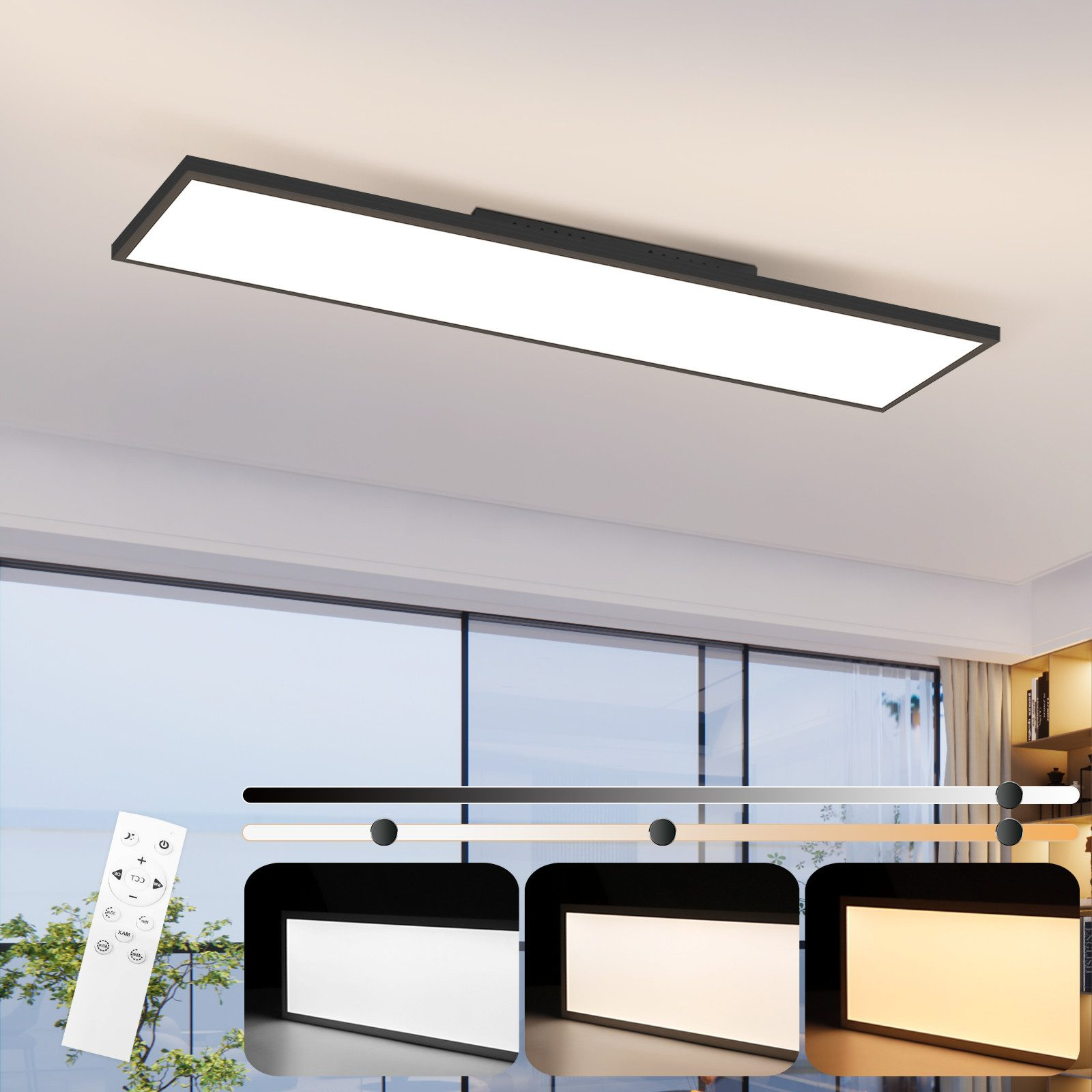 Una moderna luz de techo con colores de luz ajustables. El mando a distancia está a la izquierda.