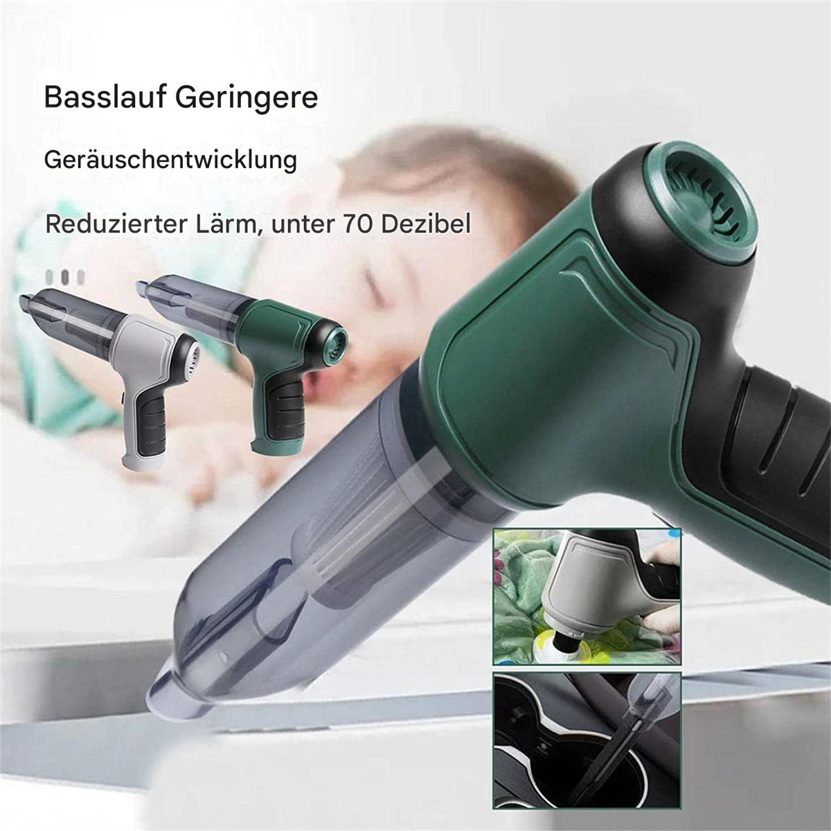 Ein grüner und grauer Staubsauger. Er hat einen transparenten Staubbehälter und zwei weitere Reiniger.