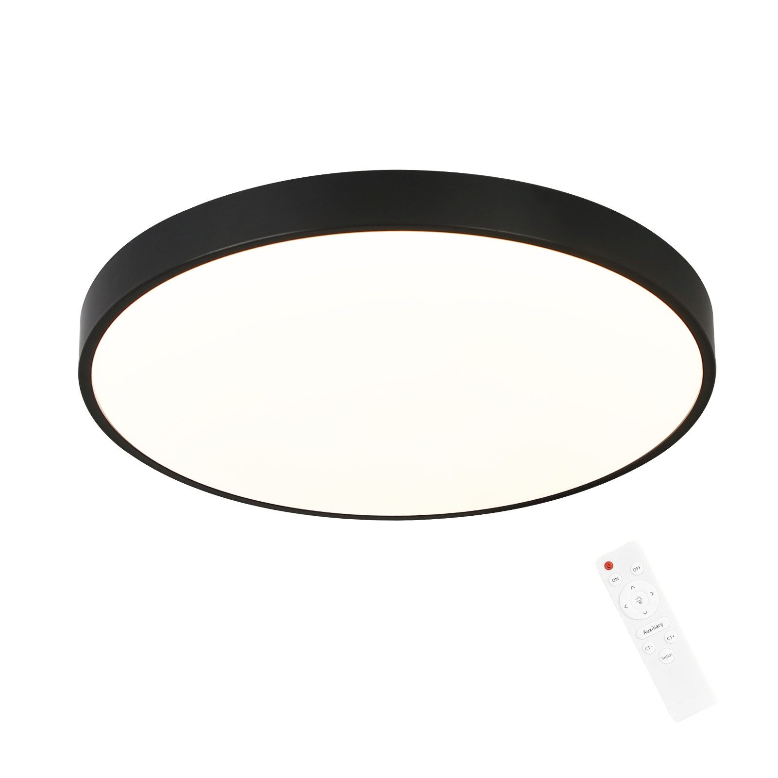 Schwarze runde Deckenlampe mit weißem Licht und Fernbedienung.