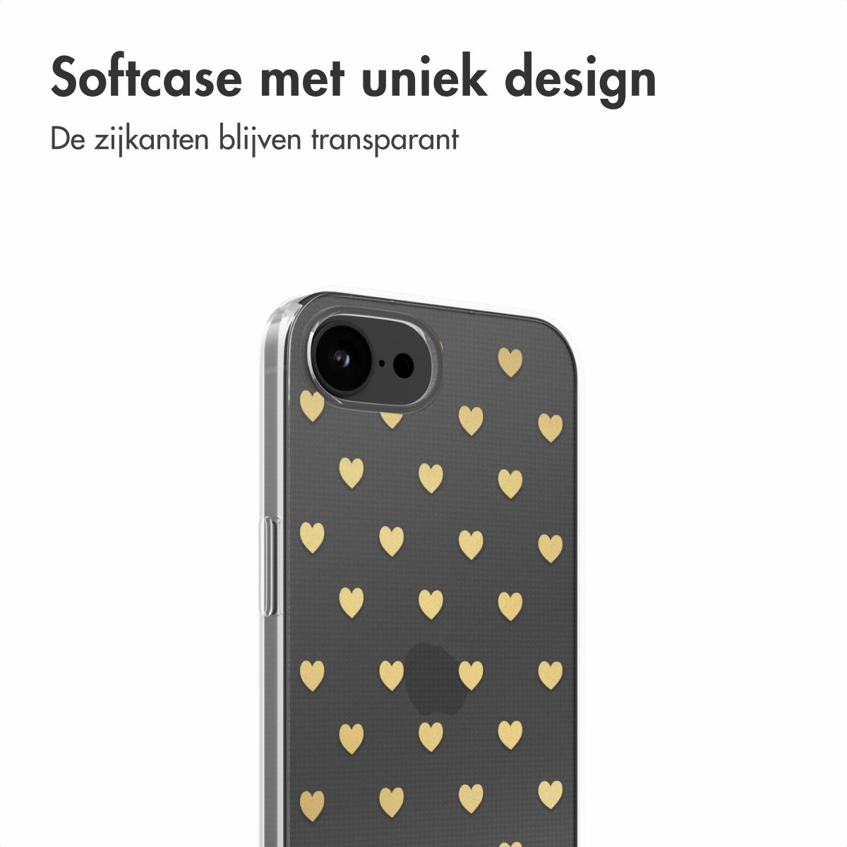 Eine transparente Handyhülle mit goldenen Herzen auf schwarzem Hintergrund. Weißer Hintergrund.