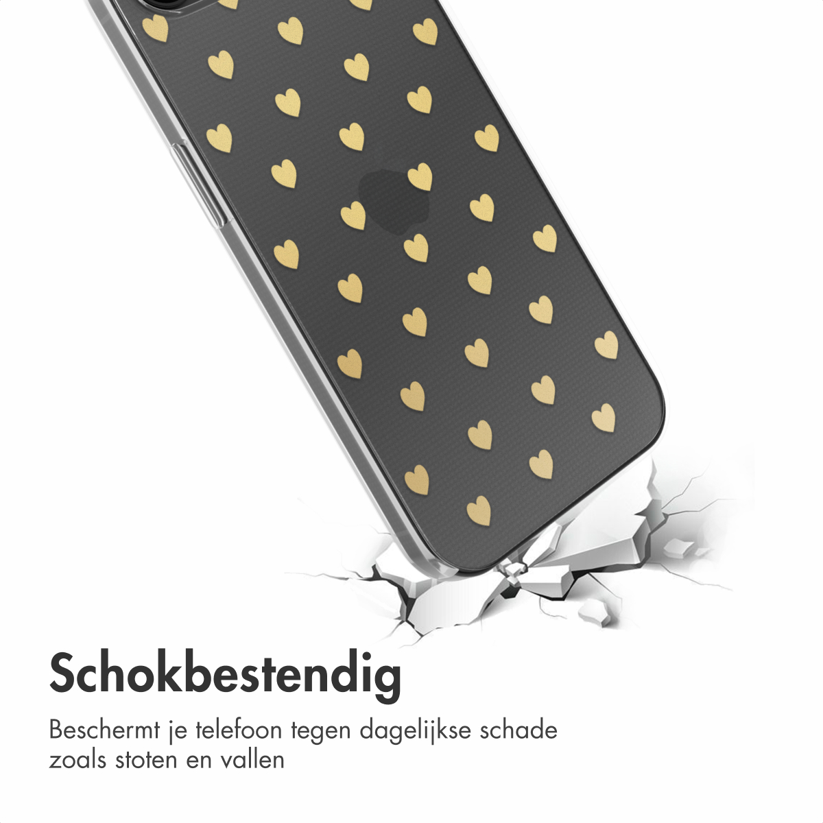 Eine Handyhülle mit goldenen Herzen auf schwarzem Grund, die auf eine zerbrochene weiße Oberfläche fällt.