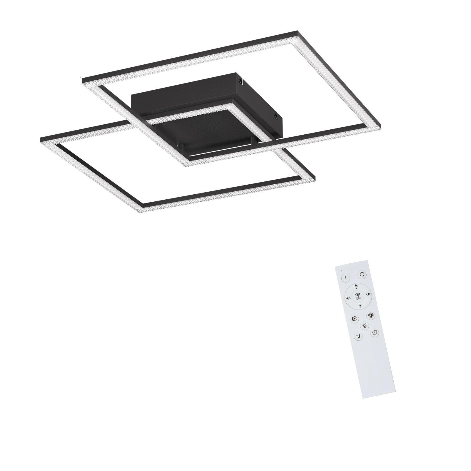 Czarna, kwadratowa lampa sufitowa LED z pilotem. Światło ma dwa przecinające się kwadraty.