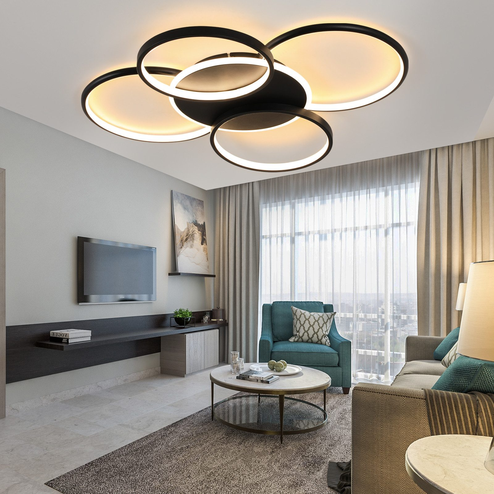 Se muestra una sala de estar moderna con una luz de techo circular y un sofá.