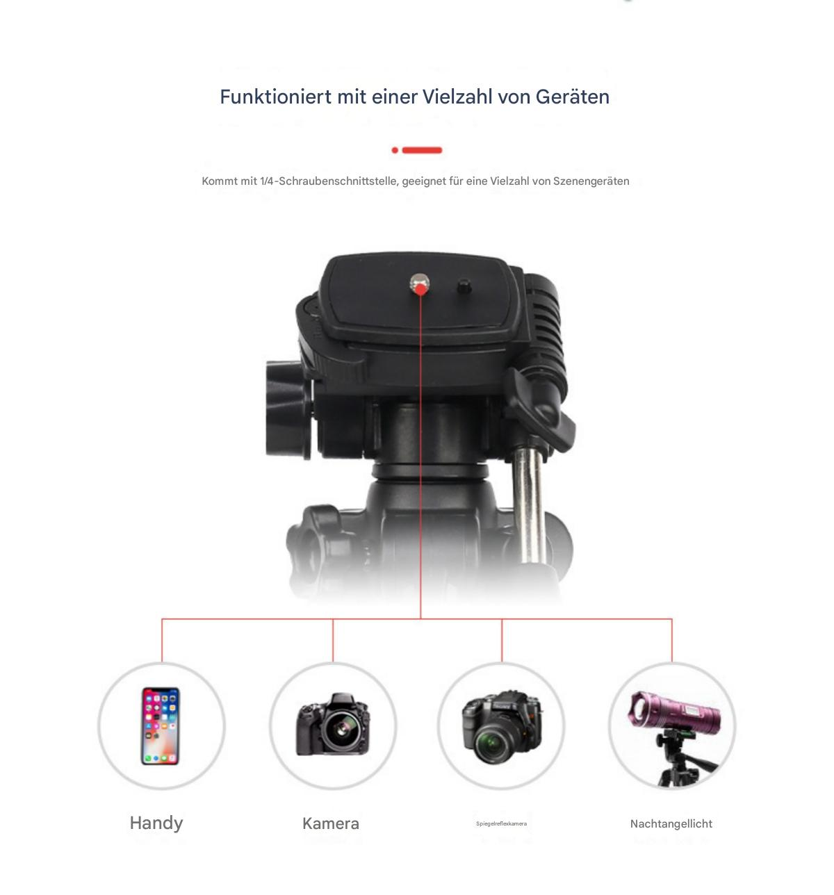 Produktaufnahme eines Stativs mit verschiedenen Geräten: Telefon, Kamera und Licht.