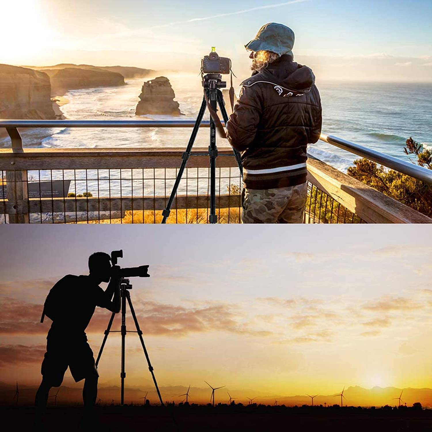 Zwei Fotos einer Person, die Fotos macht. Eines zeigt eine Person am Meer, das andere bei Sonnenuntergang.