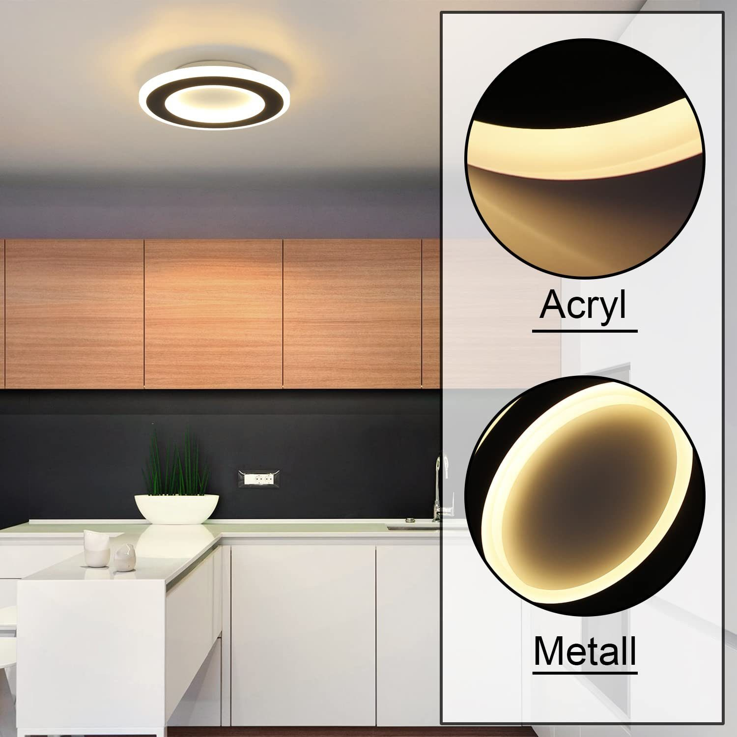 Dos imágenes de una lámpara de techo, una muestra la luz completa en una cocina y la otra muestra los detalles de la luz, Acryl y Metall.