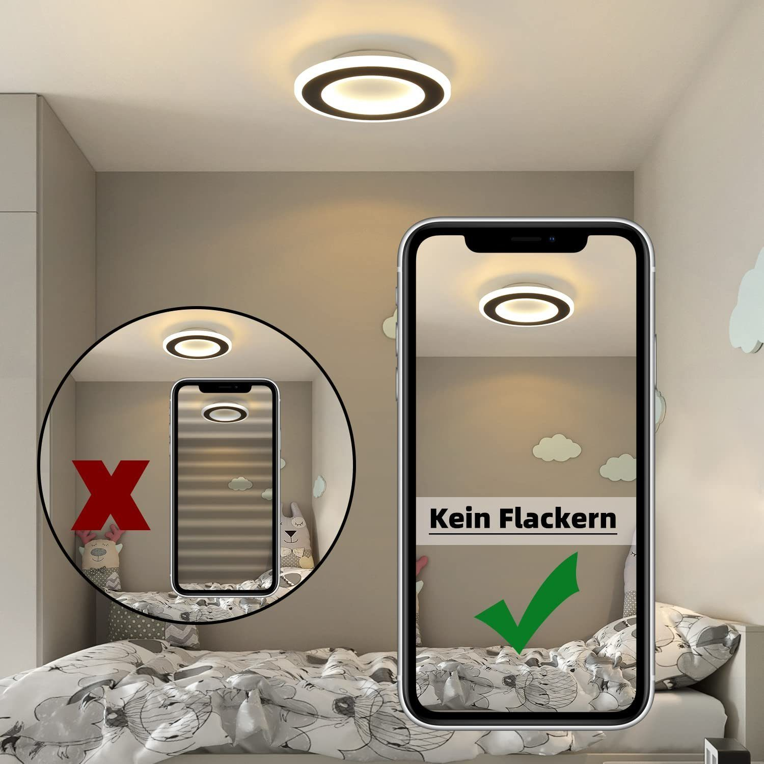 Un teléfono móvil que muestra una luz de techo. La luz es un círculo con un centro negro. El texto dice, 'Kein Flackern'.
