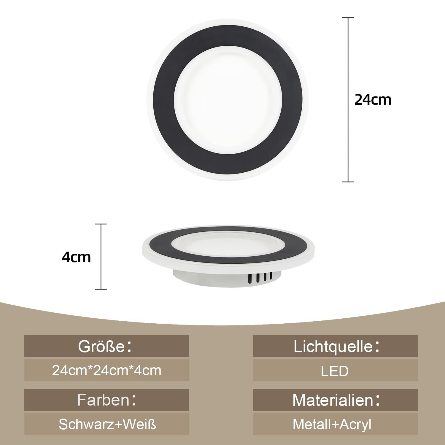 Una lámpara de techo LED blanca y negra con dimensiones y especificaciones de material.