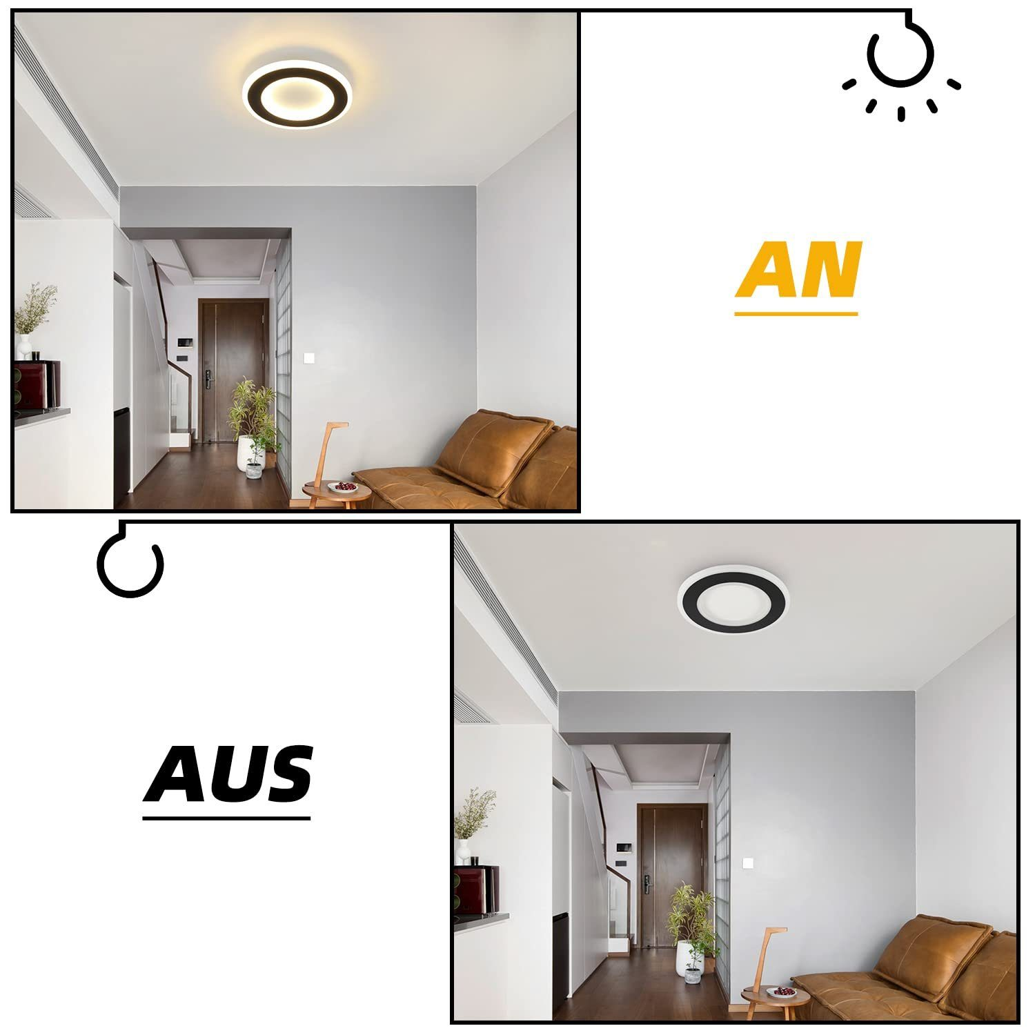Una habitación con una luz de techo y dos imágenes adicionales que muestran la luz encendida y apagada.