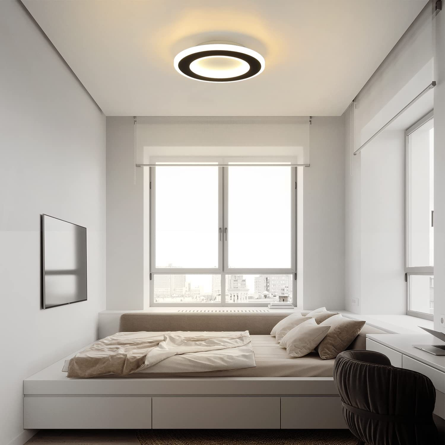 Dormitorio con cama, ventana y luz de techo, esquema de color blanco y gris.