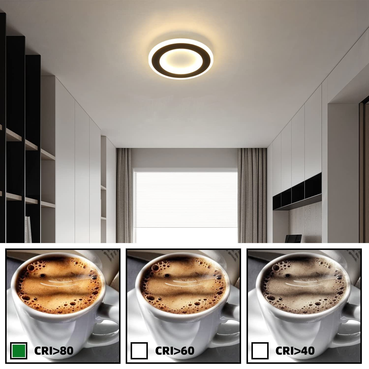 Luz de techo con tres tazas de café, cada una con diferentes niveles de IRC, con etiquetas de texto verdes.