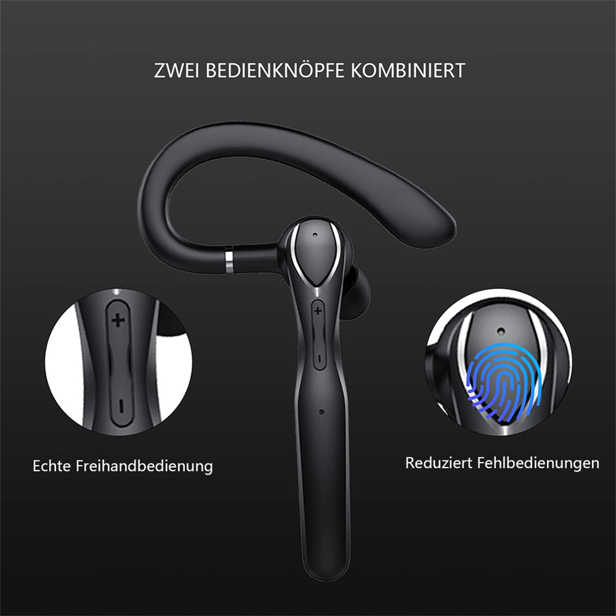 Schwarzes Bluetooth-Headset mit Ohrbügel und zwei Bedientasten. Nahaufnahme des Fingerabdrucksensors.