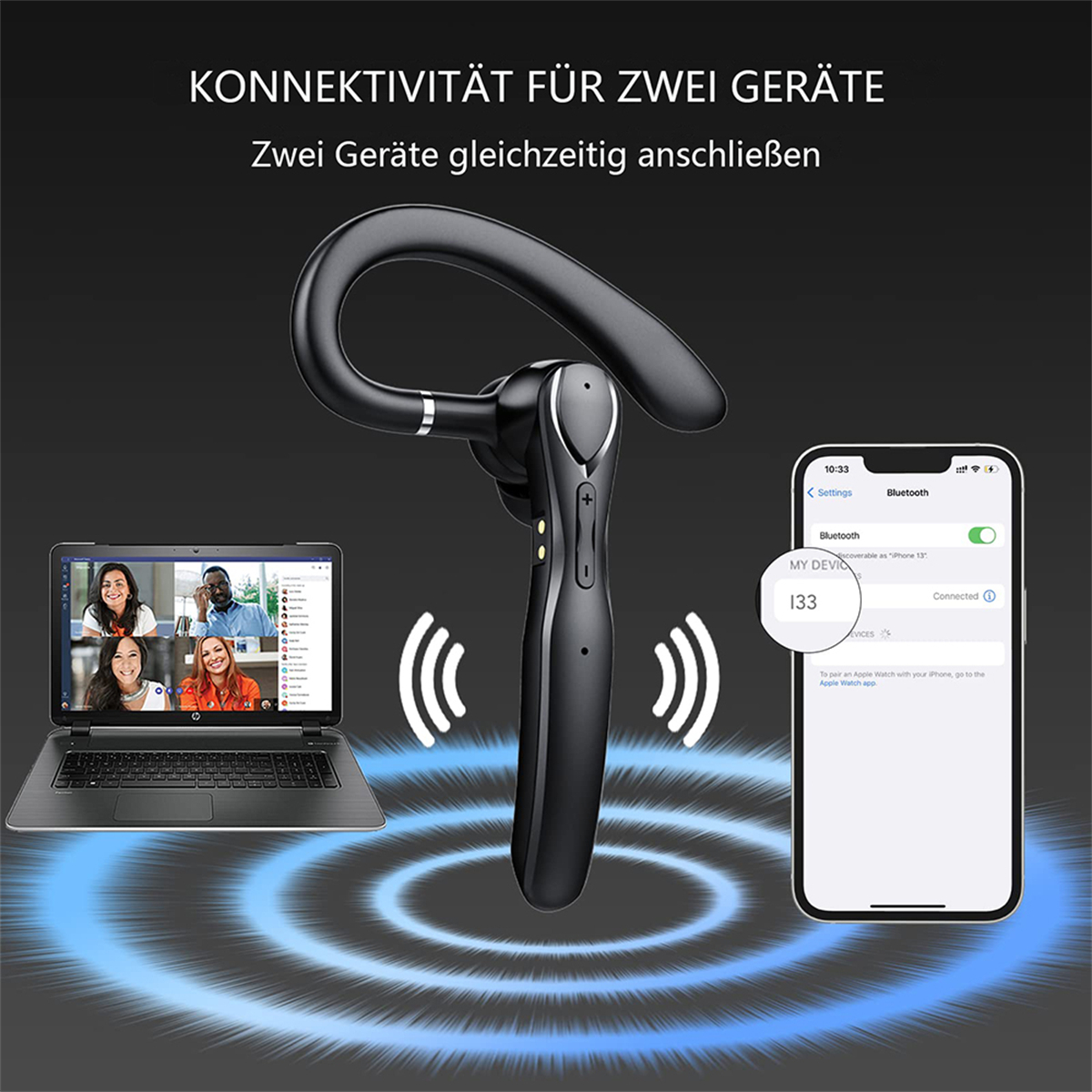 Schwarzes Headset mit Ohrbügel. Verbunden mit Laptop und Telefon, Bluetooth-Verbindung.
