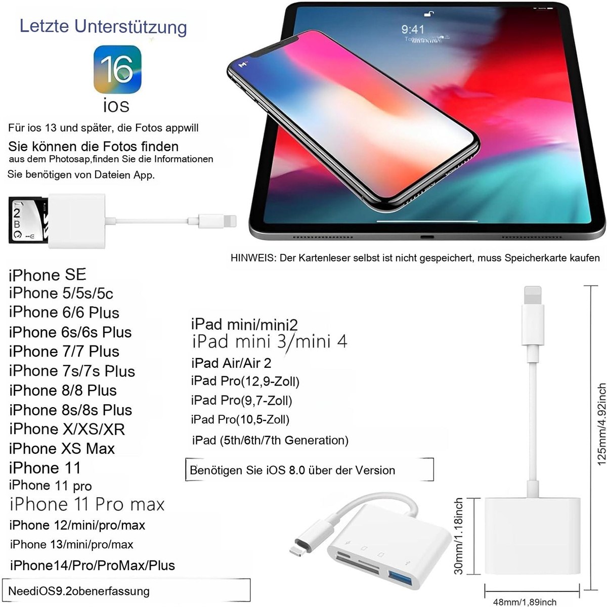 Bild von iPhone und iPad mit Kartenleser und Text.