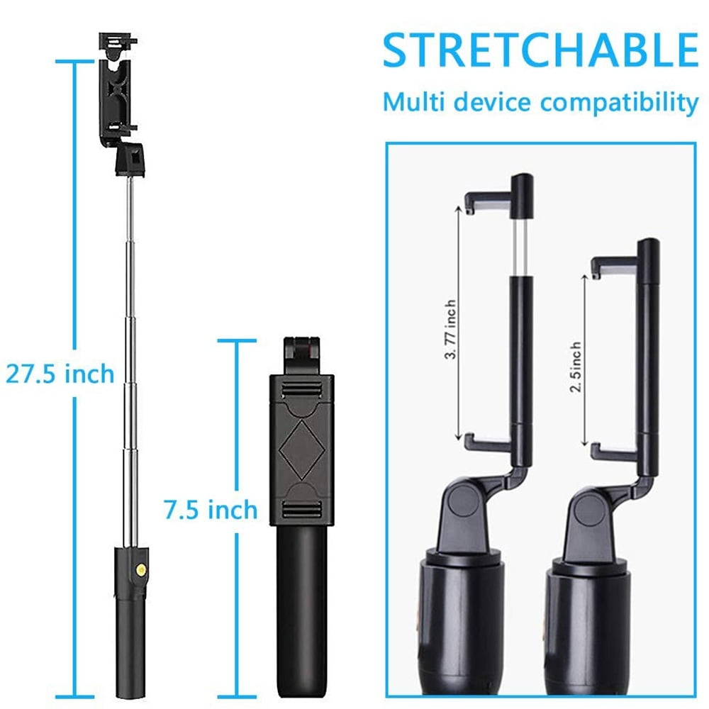 Schwarzer Selfie-Stick mit verstellbarem Telefonhalter und Maßangaben.