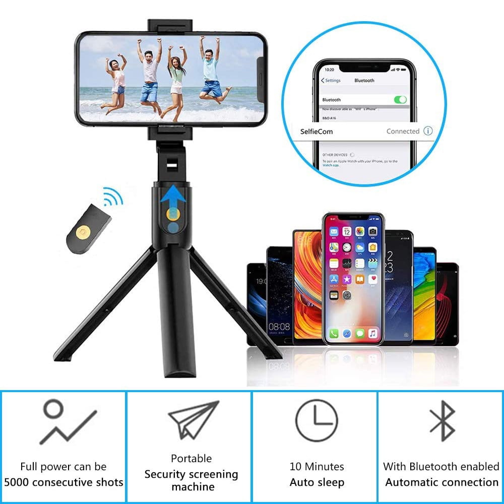 Smartphone auf einem Stativ. Andere Telefone unten. Bluetooth-Verbindung.