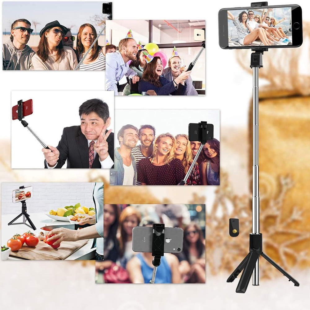 Eine Collage von Leuten, die Selfies mit einem Selfie-Stick machen. Verschiedene Einstellungen werden gezeigt.