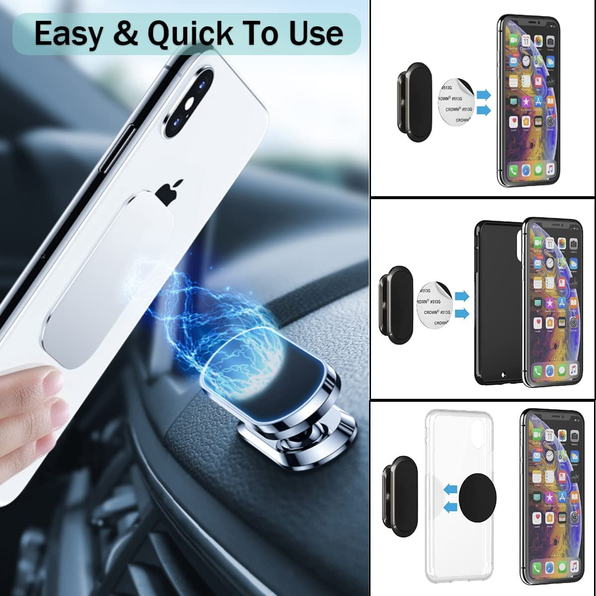 Telefon mit magnetischem Aufsatz, zeigt die Befestigung im Auto.