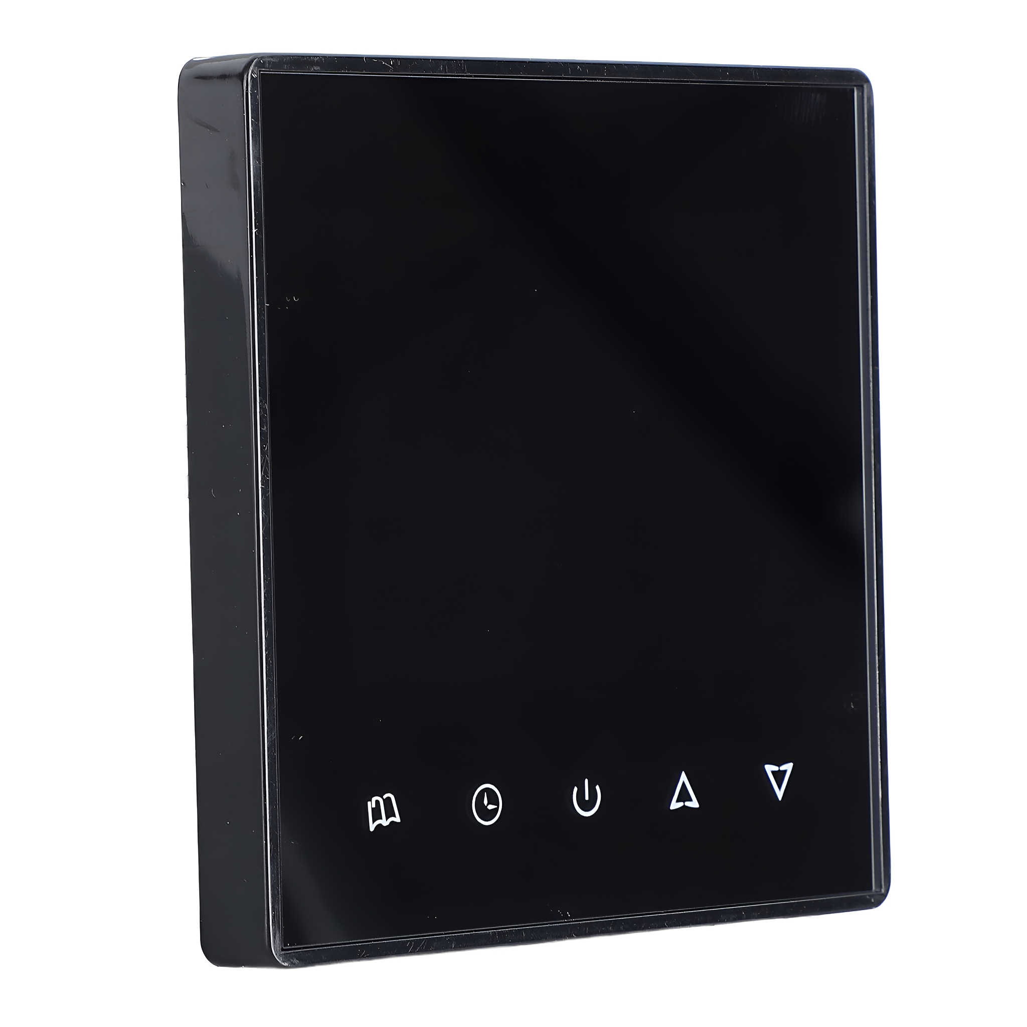 Ein schwarzes Touchpanel mit Symbolen: Buch, Uhr, Strom, Pfeile nach oben und unten.