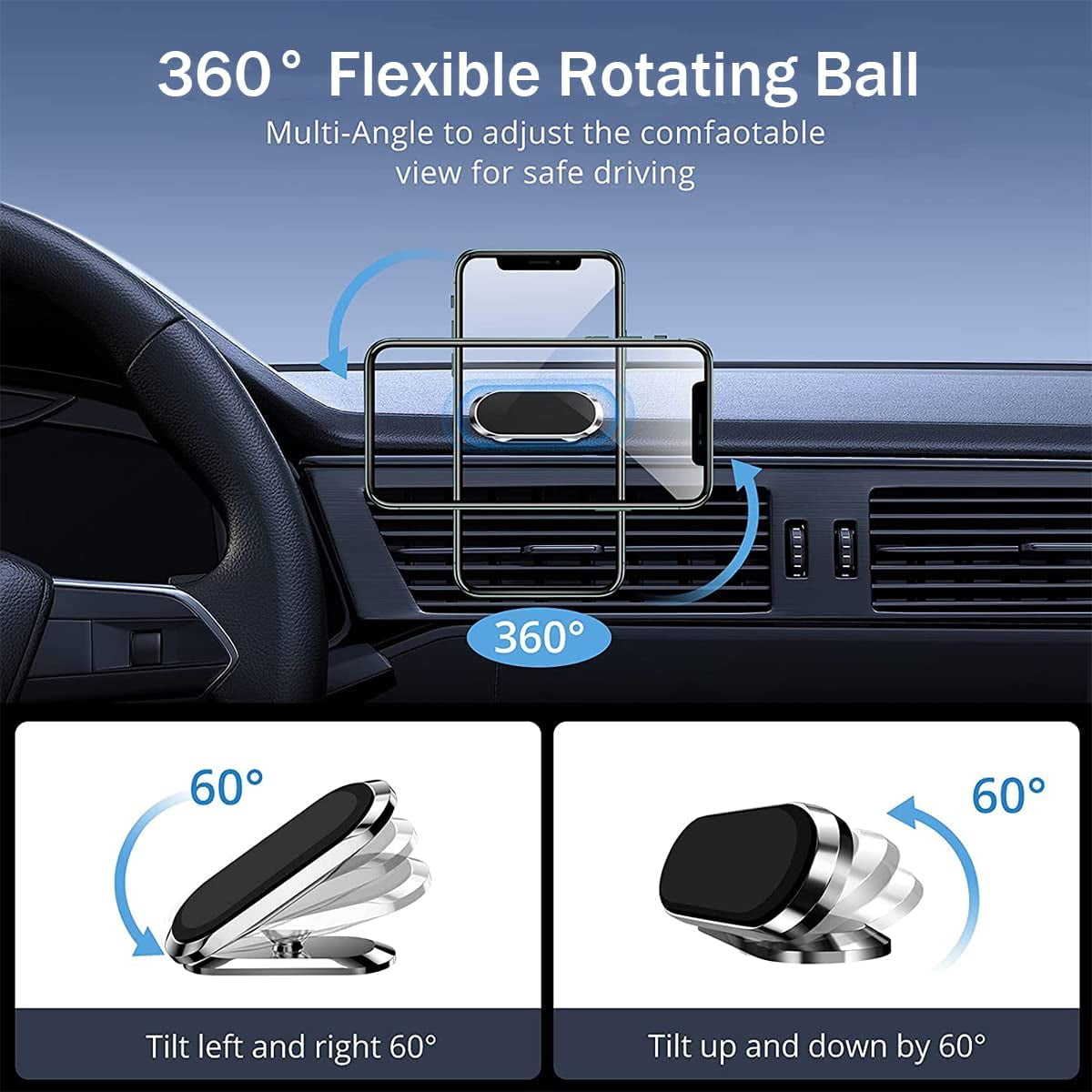 Armaturenbrett mit Handyhalterung. Telefon ist befestigt. Pfeile zeigen 360- und 60-Grad-Drehung an.