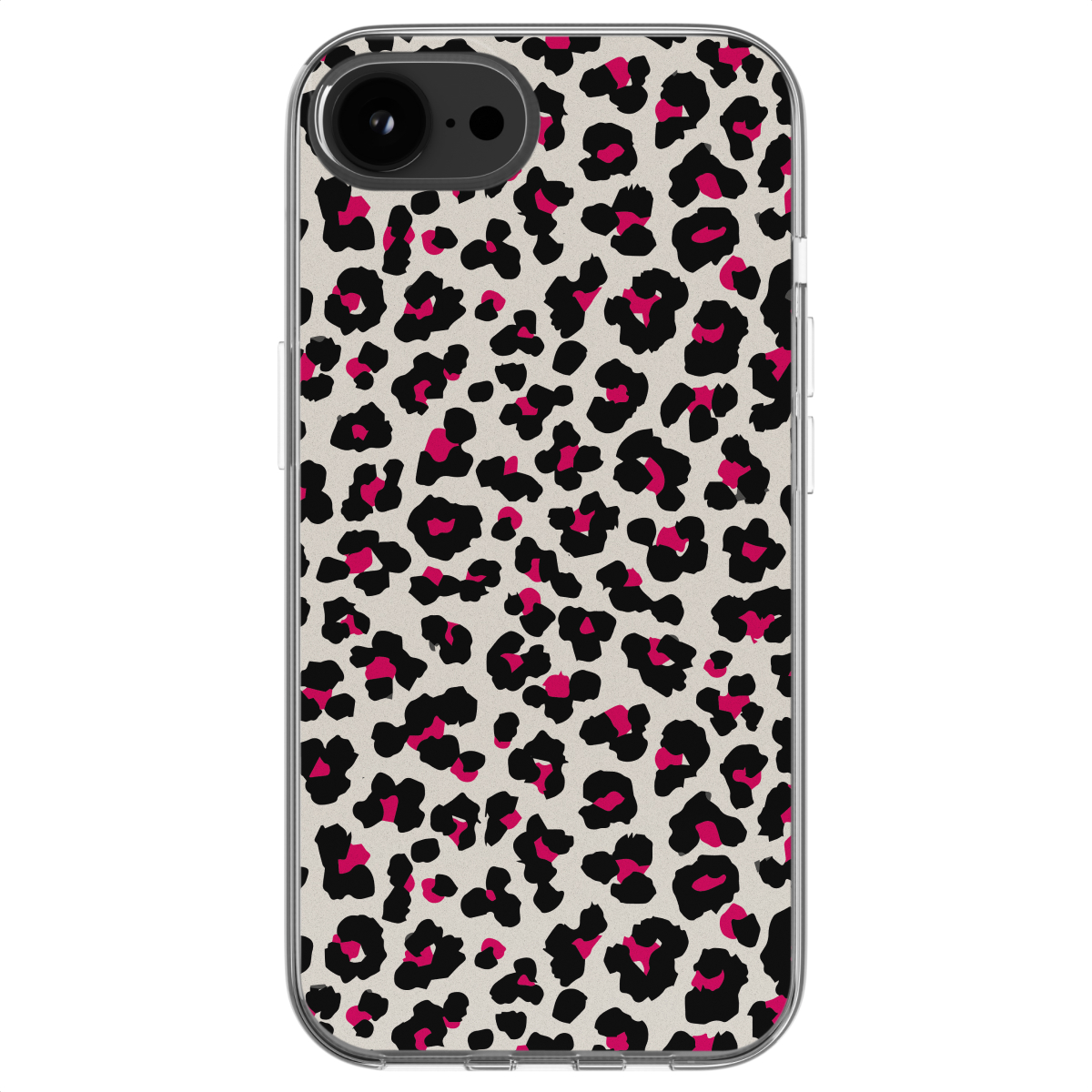 Handyhülle mit Leopardenmuster in Schwarz und Pink auf beigem Grund.