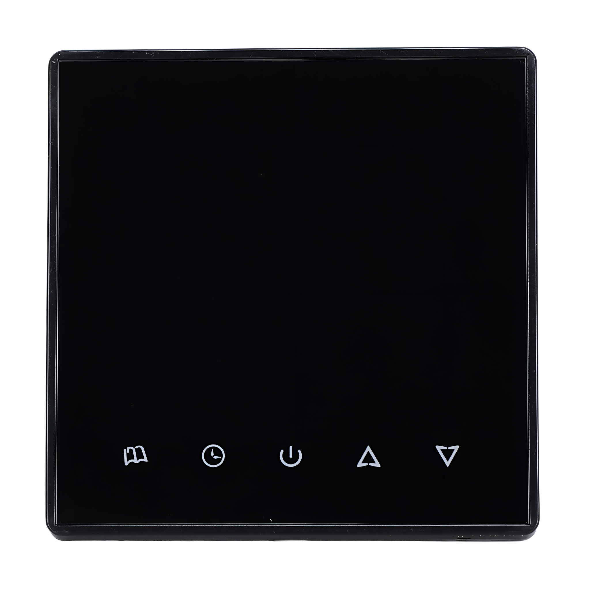 Ein schwarzes quadratisches Touchpanel mit Symbolen für Optionen: Buch, Uhr, Strom, hoch und runter.
