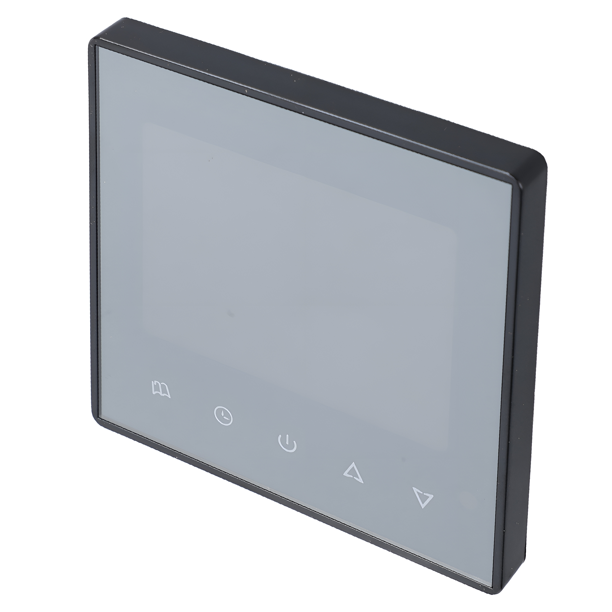 Nahaufnahme eines schwarzen quadratischen Touchscreens mit drei Symbolen. Der Hintergrund ist weiß.