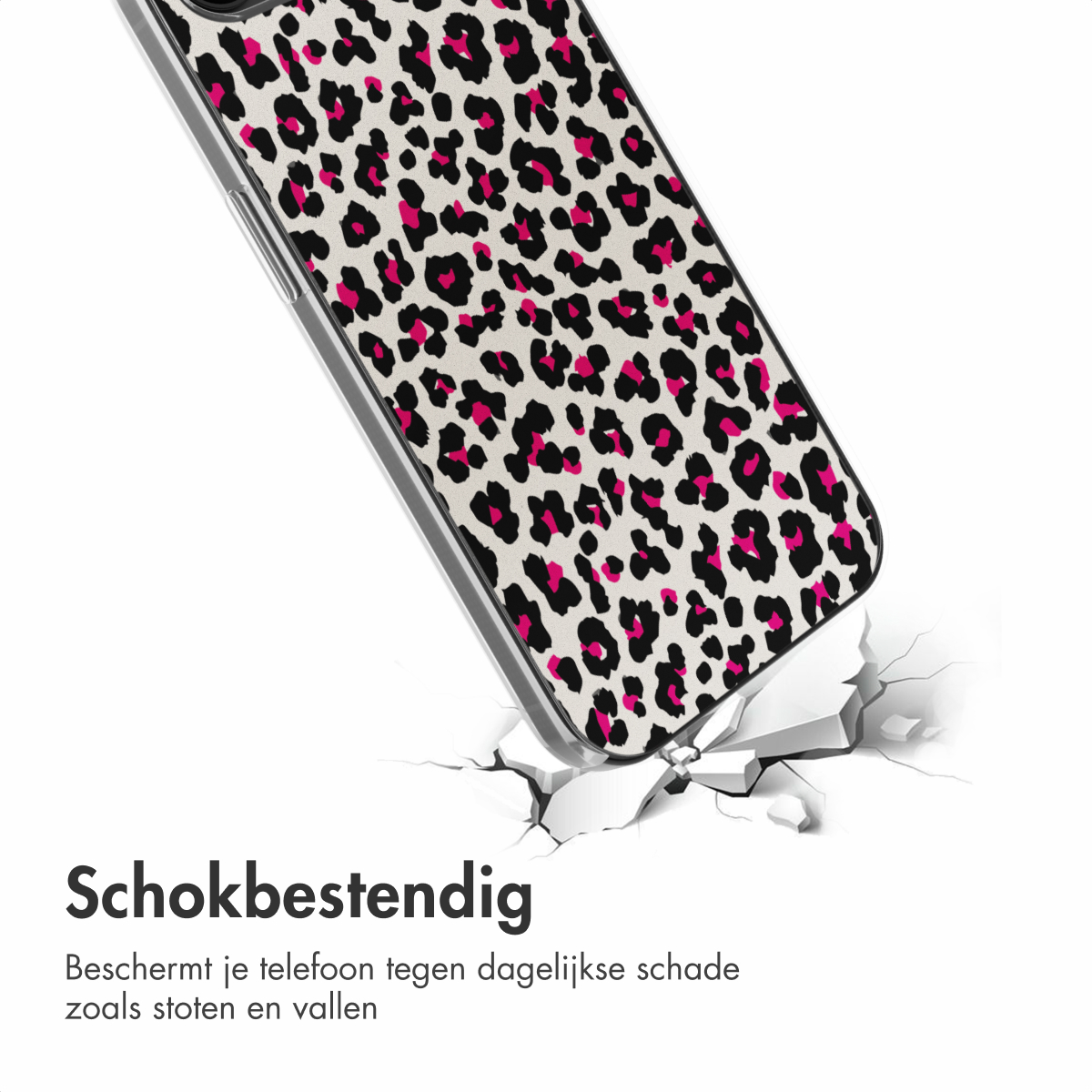Handyhülle mit Leopardenmuster, weiß und schwarz, mit rosa Flecken. Risse auf dem Boden.