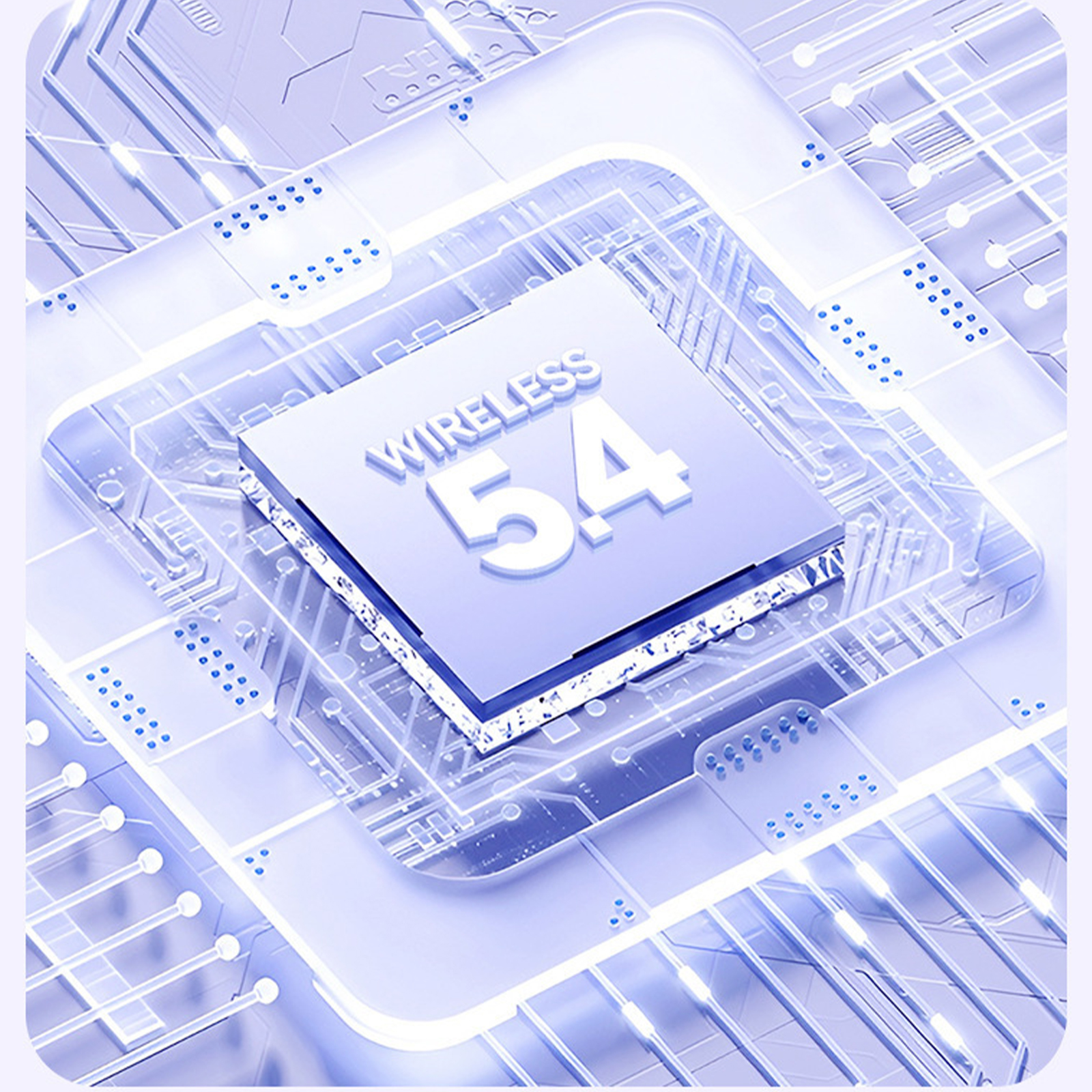 Nahaufnahme eines Computerchips mit dem Text "WIRELESS 5.4" auf blauem Hintergrund.