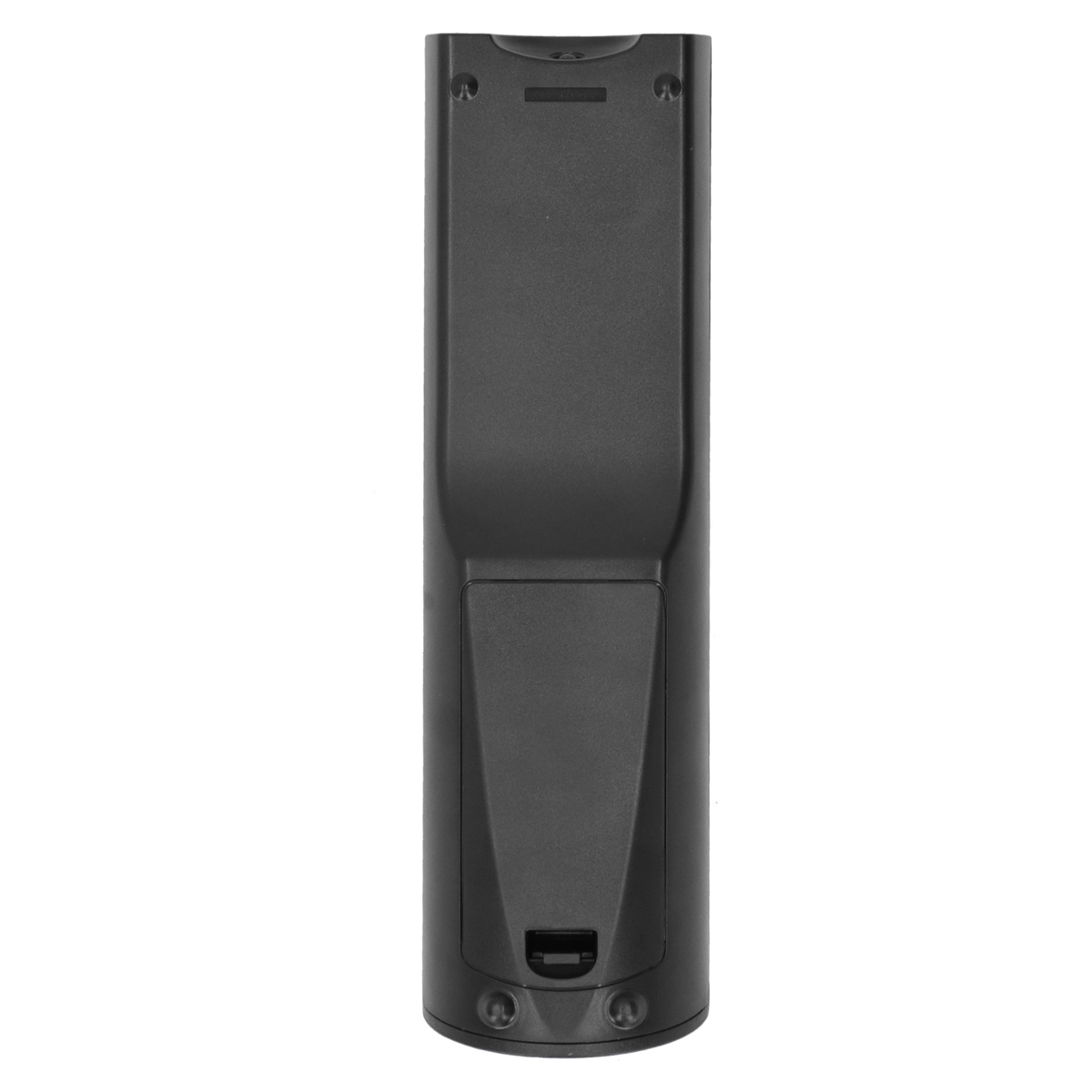 Eine schwarze Fernbedienung mit Batteriefach auf der Rückseite. Die Fernbedienung ist schlicht.