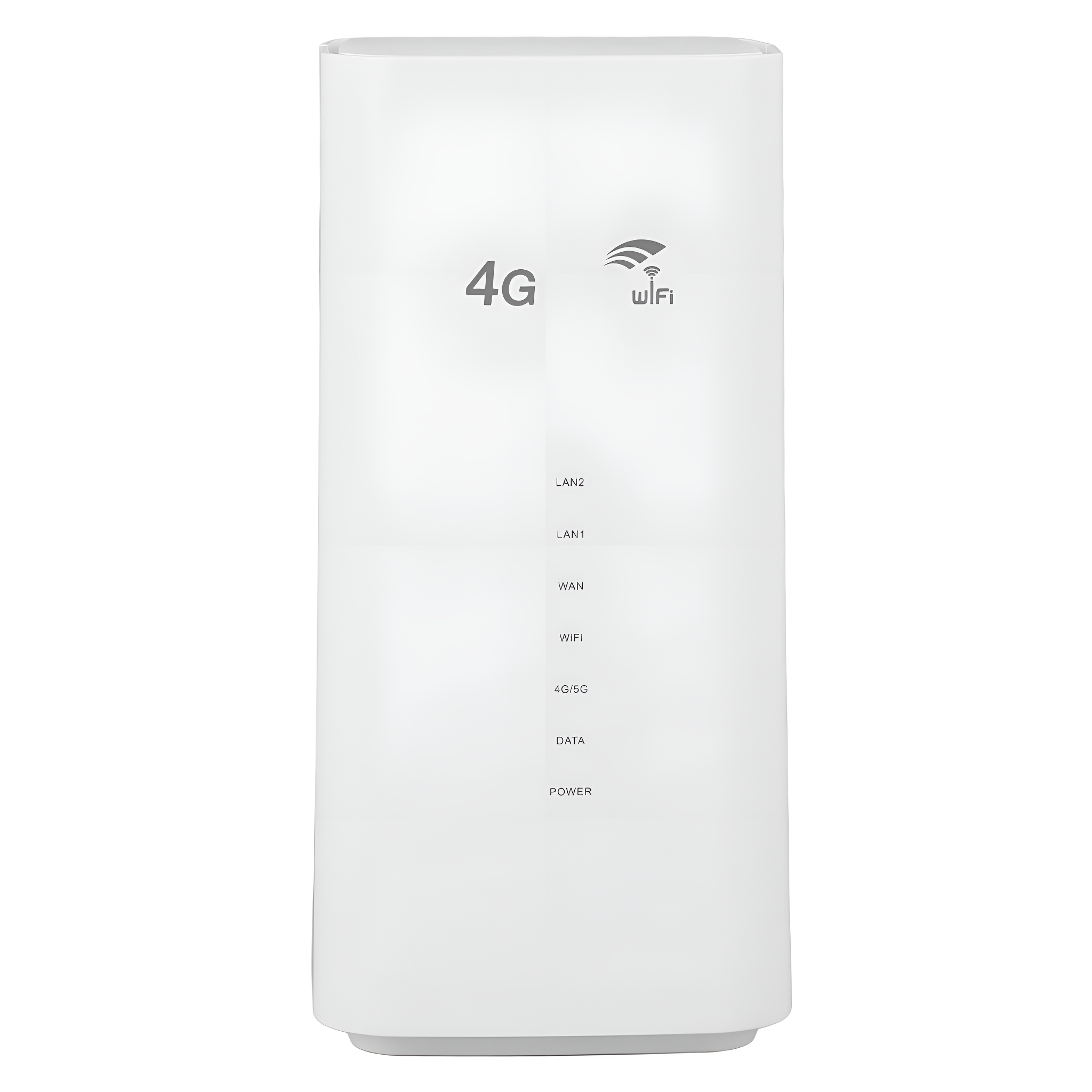 Weißer 4G-WLAN-Router. Er hat mehrere Etiketten und ein WLAN-Symbol, die seine Funktionen anzeigen.