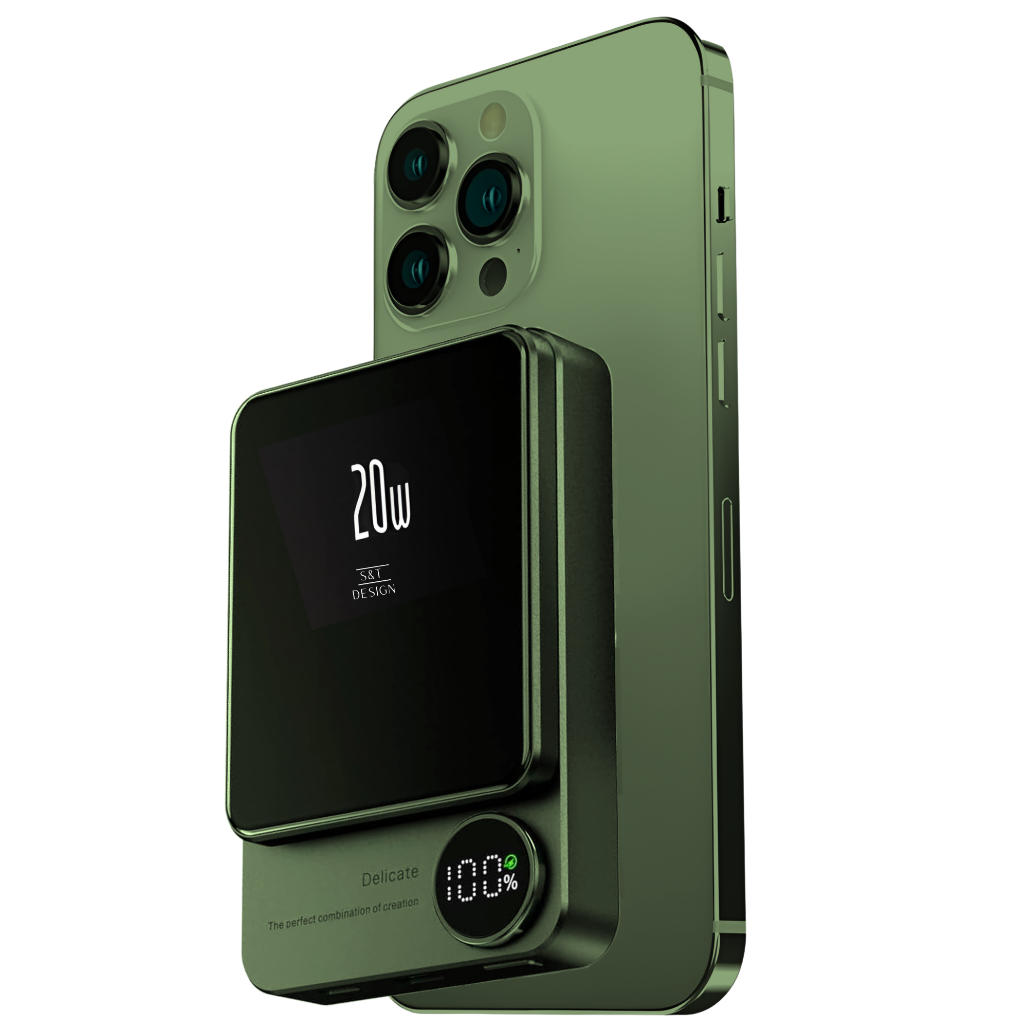 Ein grünes Telefon mit einer schwarzen Powerbank. Die Powerbank zeigt 20W und 100%.
