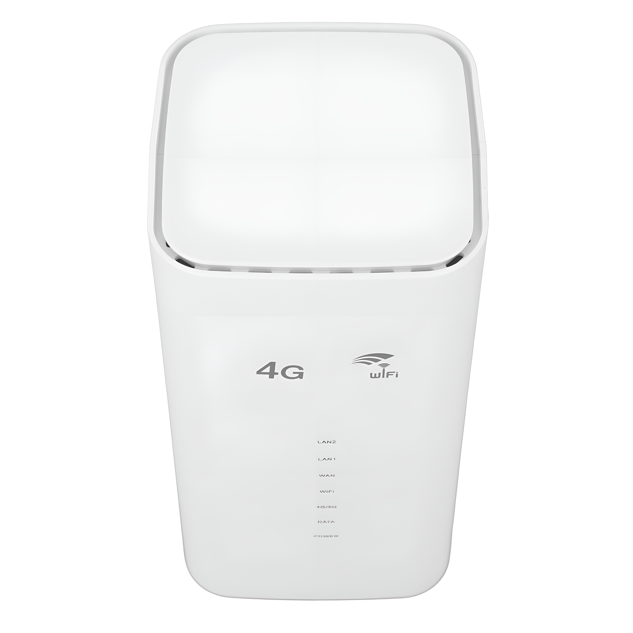 Ein weißer 4G-WLAN-Router mit Beschriftungen und modernem Design.