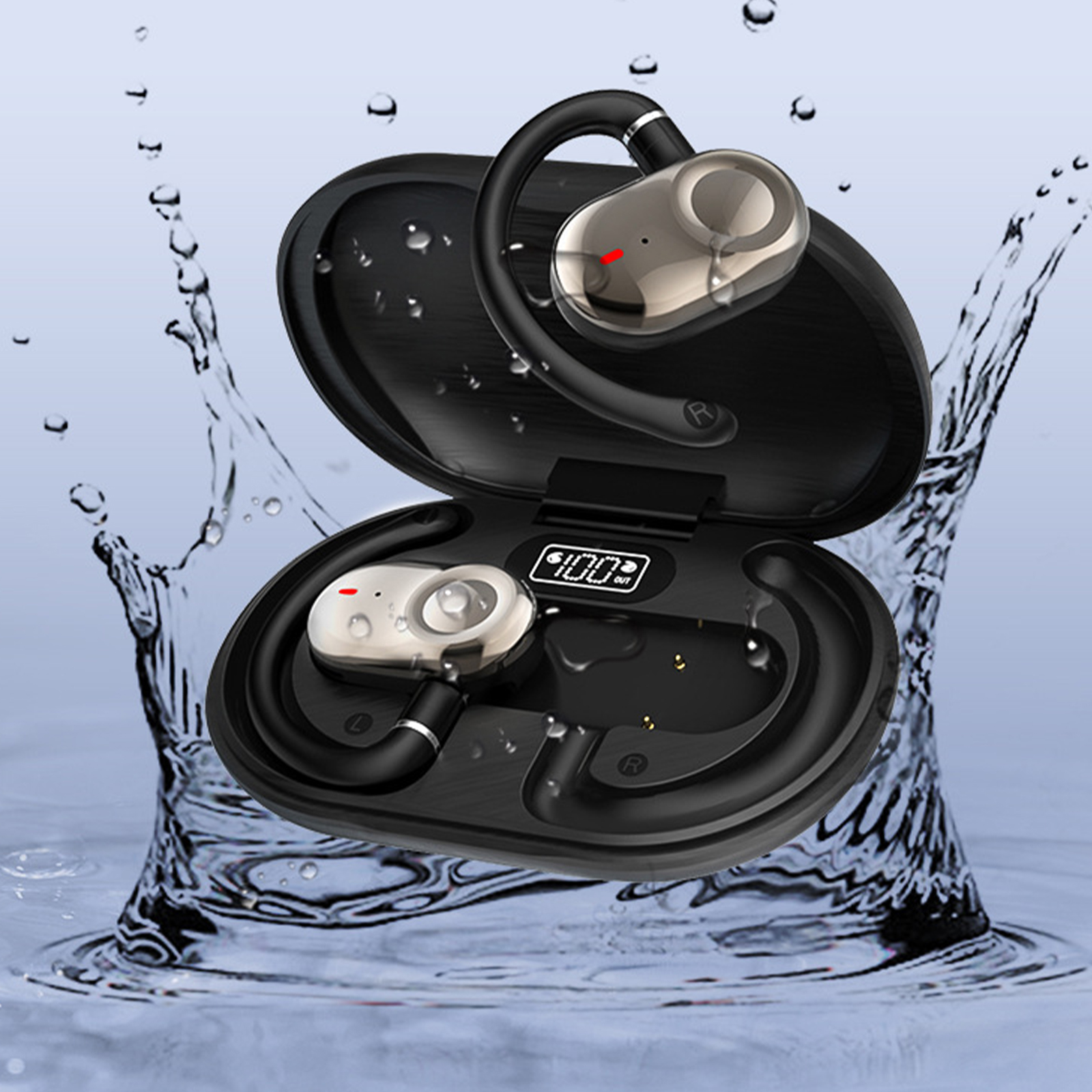 Kabellose Ohrhörer in Ladecase, mit Wasserspritzereffekt.