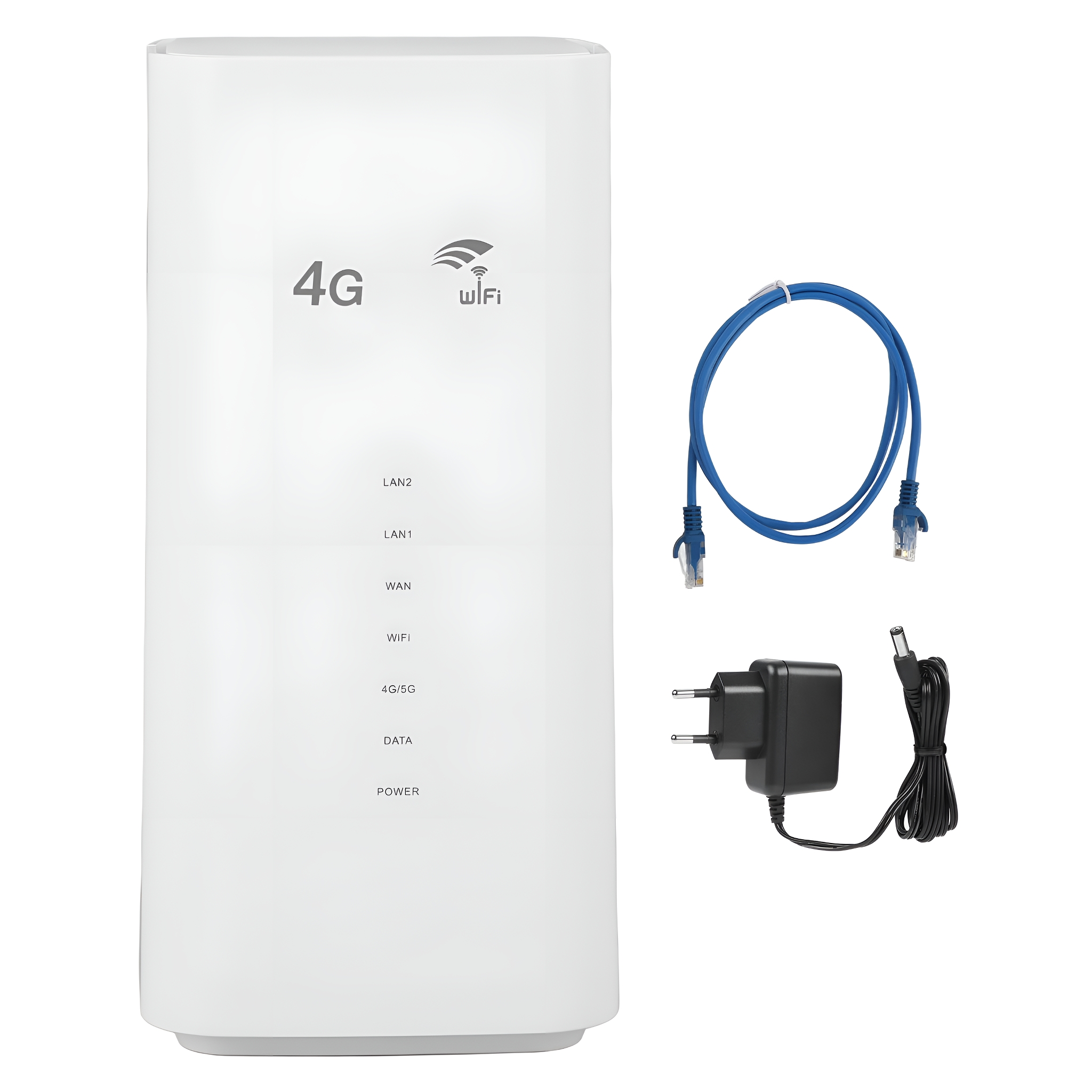 Ein weißer 4G/WLAN-Router, Netzteil, blaues Ethernet-Kabel und andere Komponenten.
