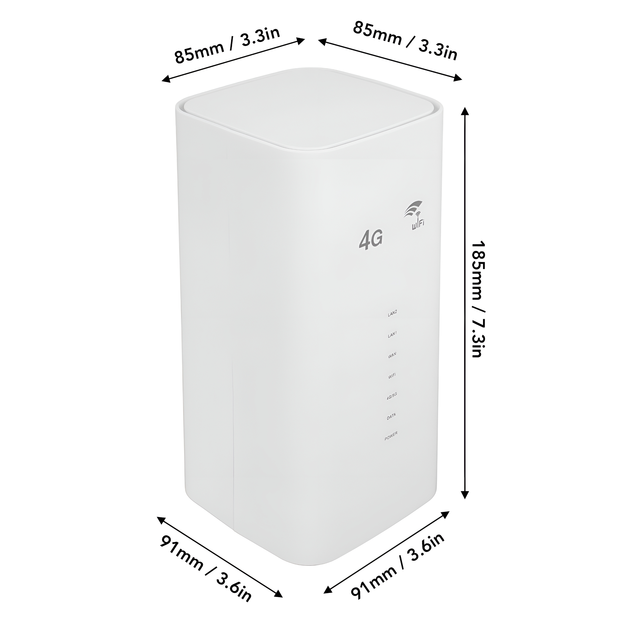 Weißer rechteckiger 4G-WLAN-Router mit beschrifteten Abmessungen. Er hat 4G- und WLAN-Logos.