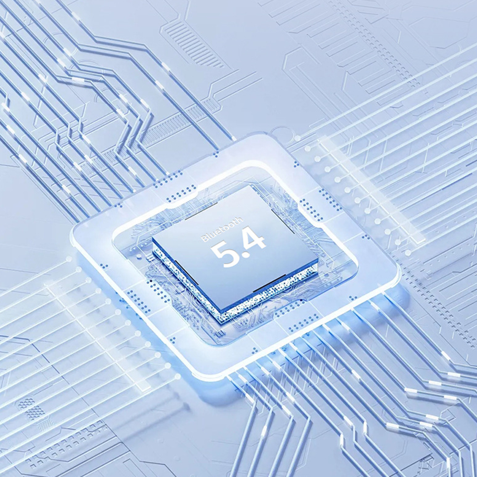 Bluetooth-Chip. Chip auf einer Platine mit Linien. Der Chip ist ein hellblaues Quadrat.