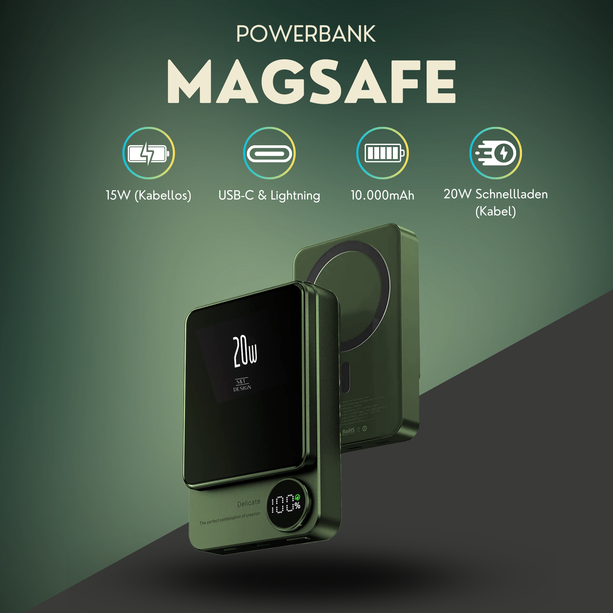 Grüne MagSafe Powerbank mit Lightning und USB-C, Ladestatistiken, 10.000mAh Akku.